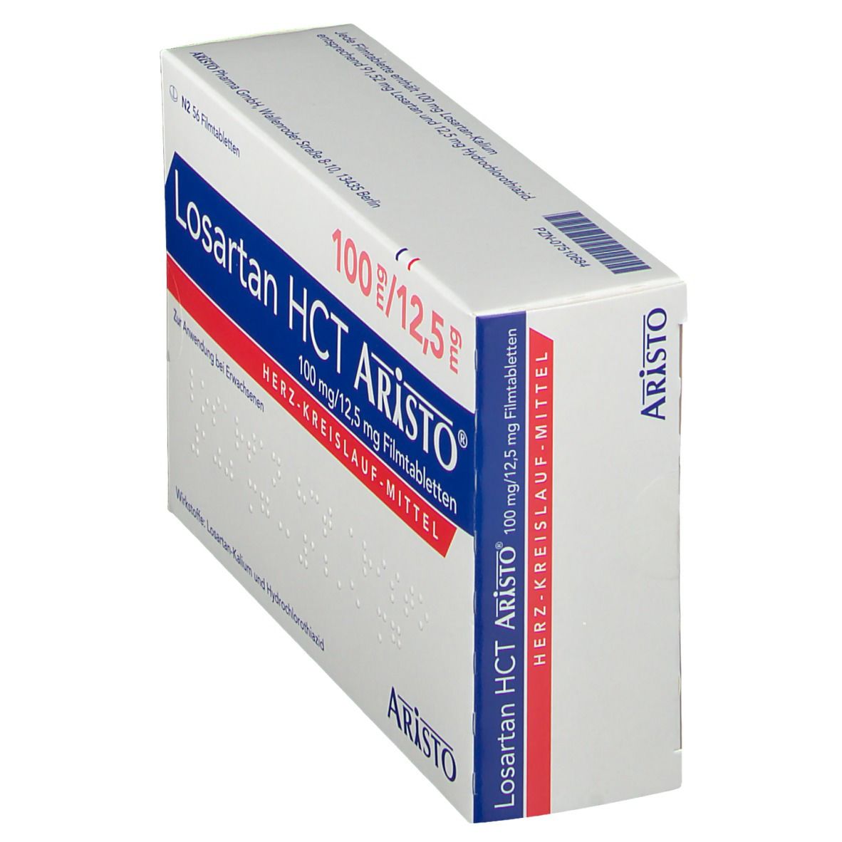 Schachtel Losartan HCT Aristo® 100mg/12,5mg Filmtabletten. Aufschrift: Herz-Kreislauf-Mittel. Aristo-Logo.