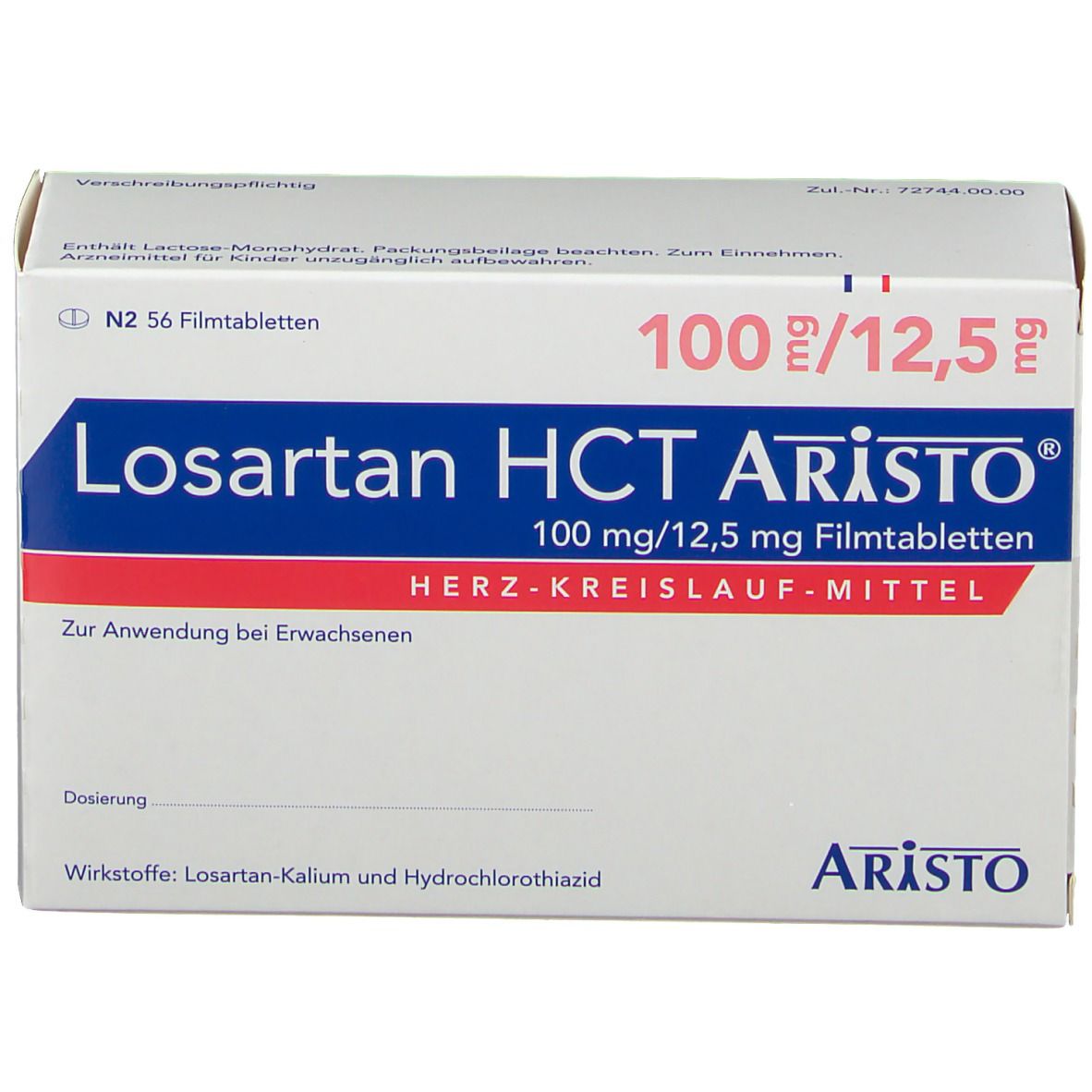 Schachtel Losartan HCT Aristo® 100mg/12,5mg Filmtabletten. Aufschrift: Herz-Kreislauf-Mittel. Enthält 56 Filmtabletten.