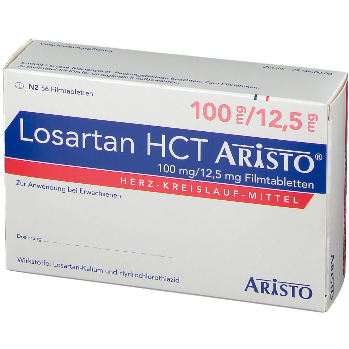 Schachtel Losartan HCT Aristo® 100mg/12,5mg Filmtabletten. Aufschrift: Herz-Kreislauf-Mittel. Aristo-Logo.
