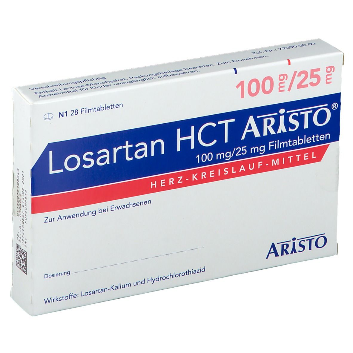 Weiße Faltschachtel mit Losartan HCT Aristo®-Aufdruck. Enthält 100mg/25mg Filmtabletten. Aristo-Logo unten rechts.