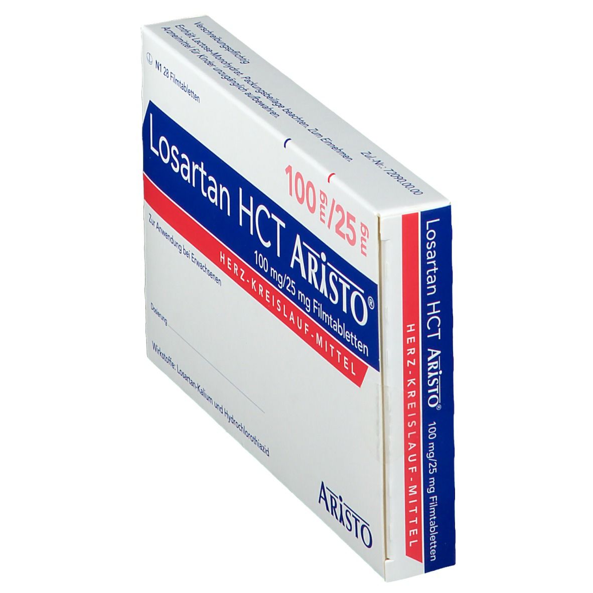 Schräg stehende weiße Faltschachtel mit Losartan HCT Aristo®-Aufdruck. Enthält 100mg/25mg Filmtabletten. Aristo-Logo.