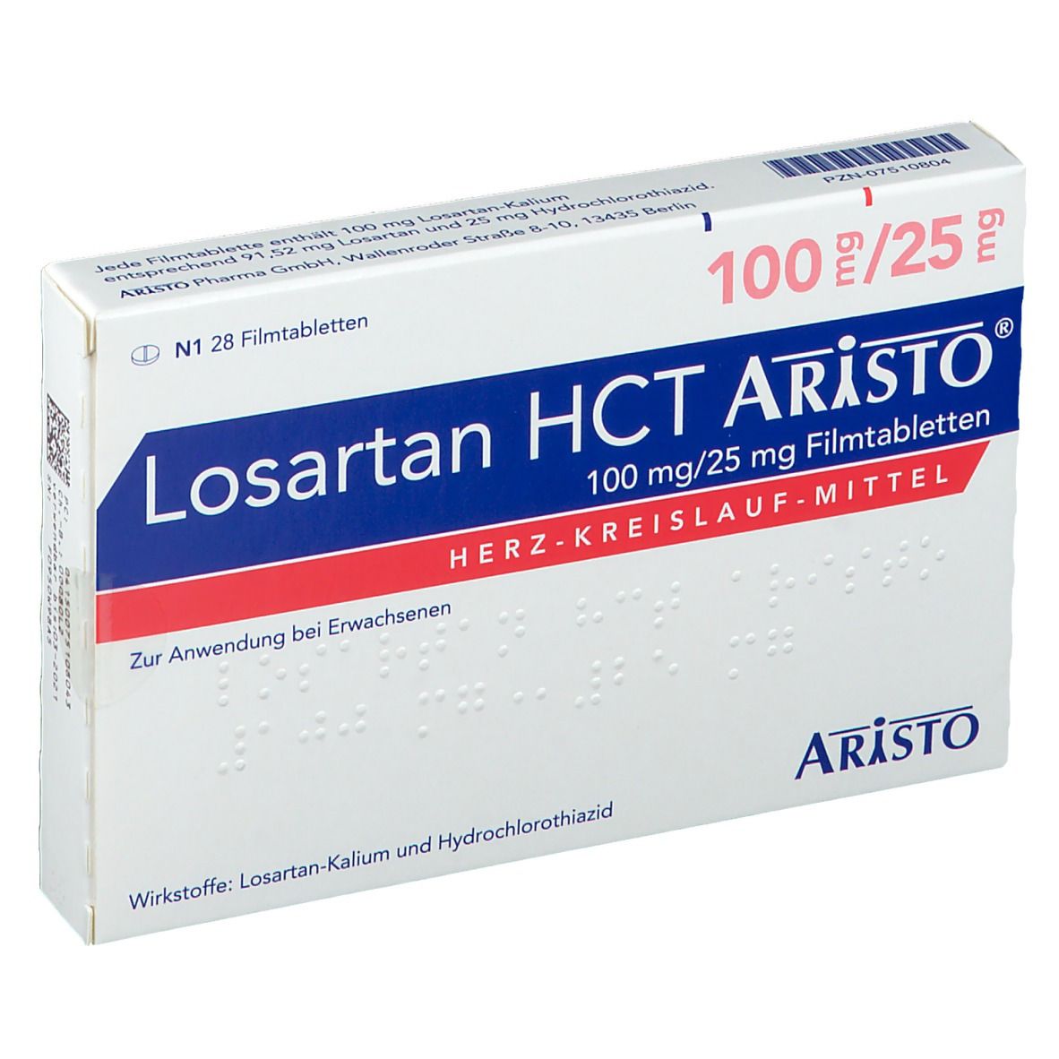 Weiße Faltschachtel mit Losartan HCT Aristo®-Aufdruck. Enthält 100mg/25mg Filmtabletten. Aristo-Logo unten rechts.