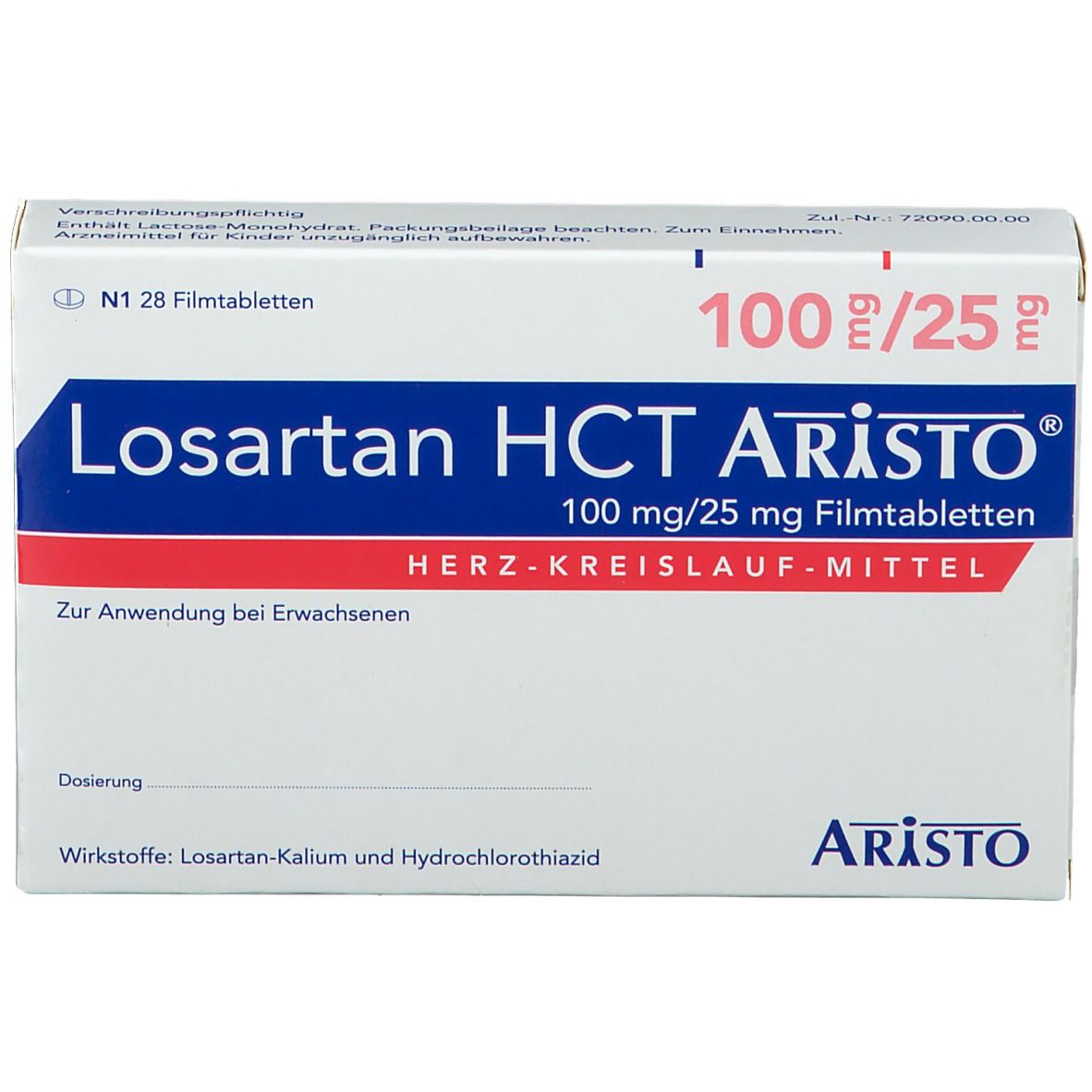 Weiße Faltschachtel mit Losartan HCT Aristo®-Aufdruck. Enthält 100mg/25mg Filmtabletten. Aristo-Logo unten rechts.