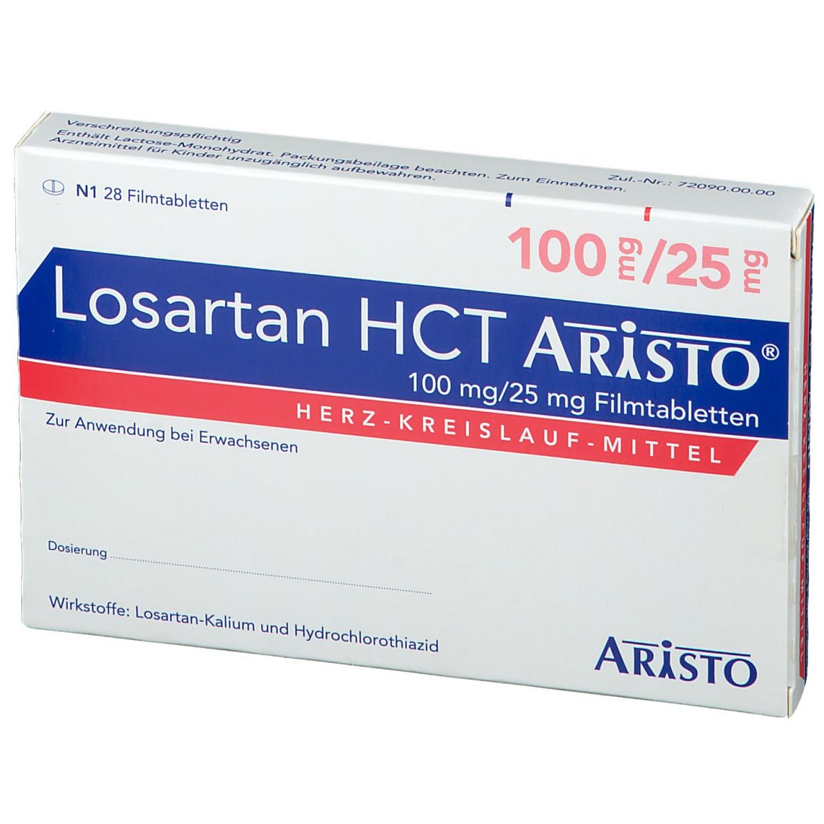Weiße Faltschachtel mit Losartan HCT Aristo®-Aufdruck. Enthält 100mg/25mg Filmtabletten. Aristo-Logo unten rechts.