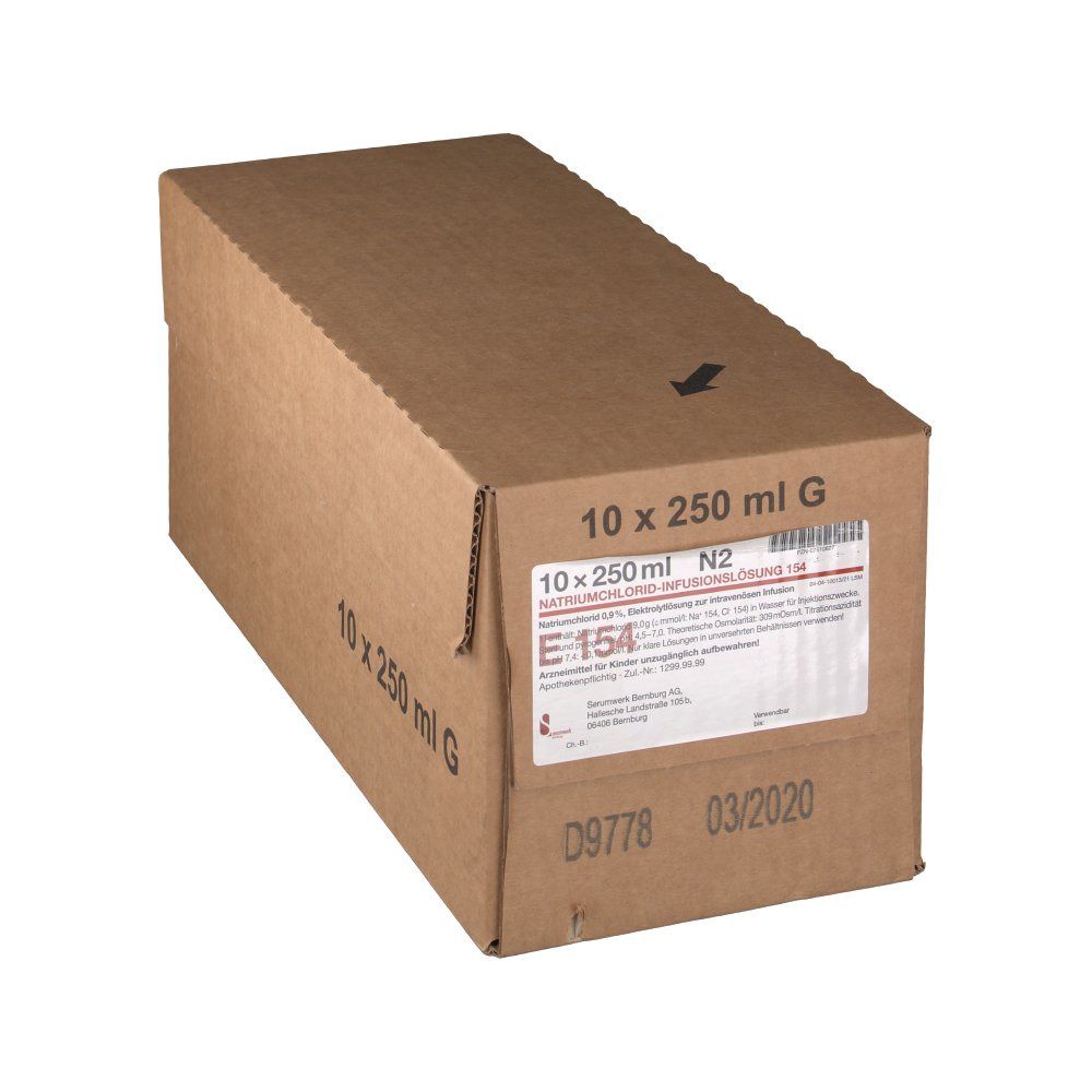Karton mit Aufschrift "10 x 250 ml G". Etikett mit Produktinformationen. Pfeil zeigt die Öffnungsrichtung an.