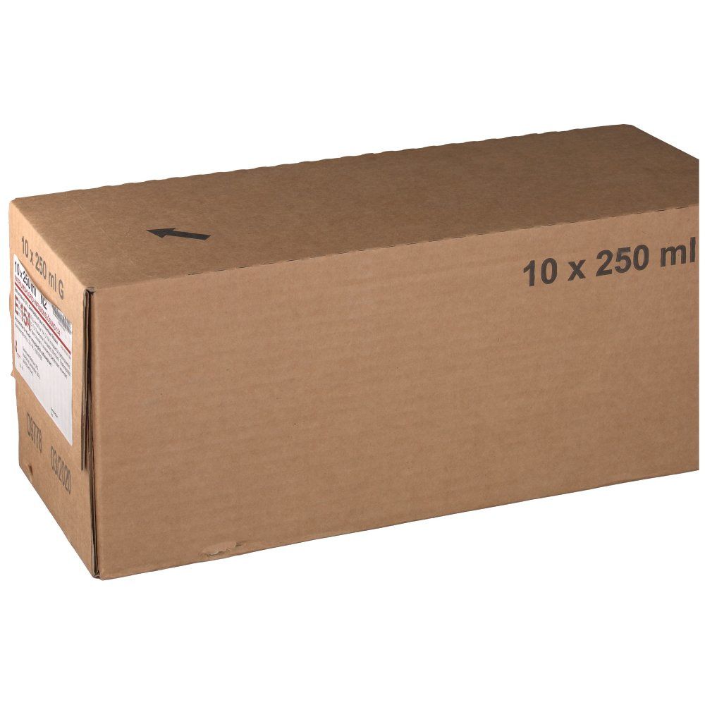 Brauner Karton mit Aufschrift "10 x 250 ml". Pfeil zur Kennzeichnung der Öffnungsrichtung.