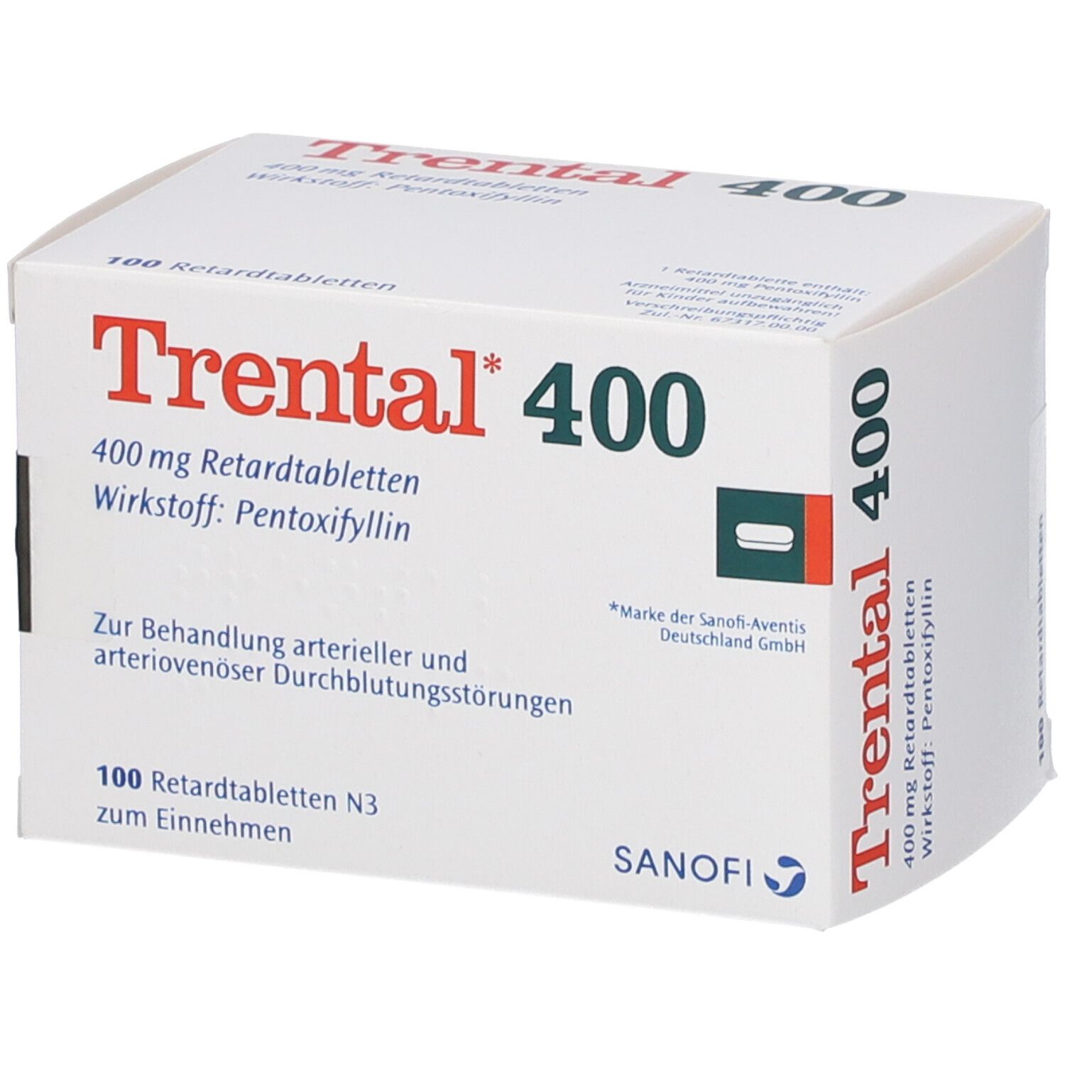 Weiße Schachtel mit roter und schwarzer Aufschrift Trental 400. Enthält 100 Retardtabletten. Sanofi-Logo.