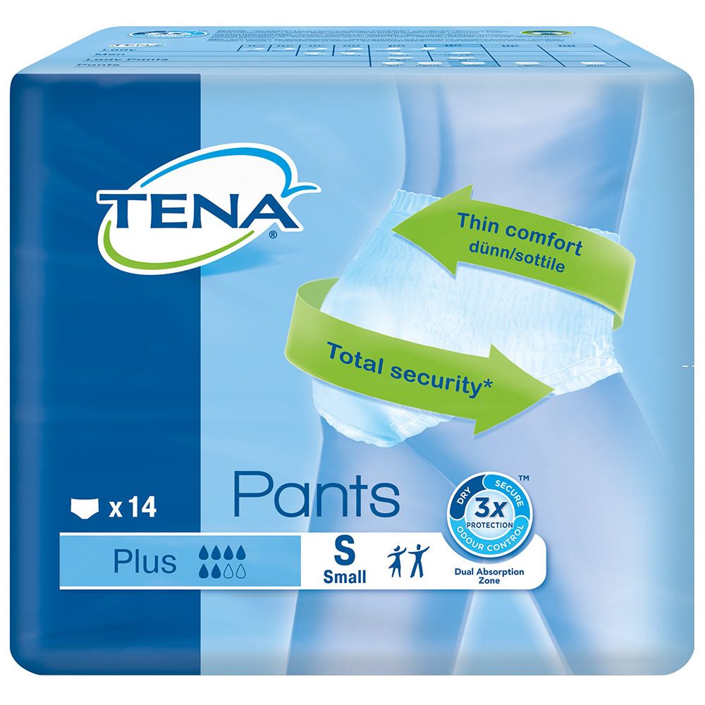 Verpackung TENA Pants Plus S. Blaue Verpackung mit Produktabbildung. Text: Pants, Plus, S, 14 Stück.