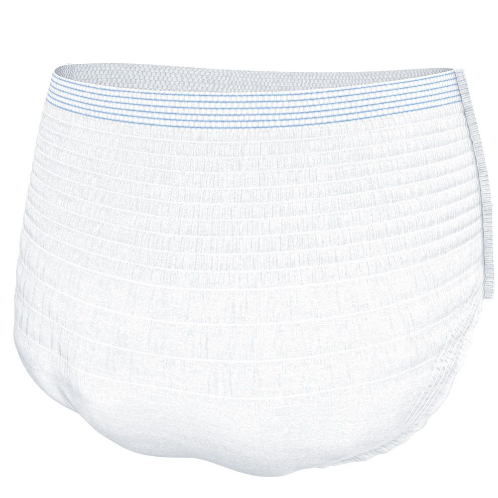 Weiße TENA Pants Plus S. Windelhose mit blauen Streifen am Bund. Ansicht von vorne.