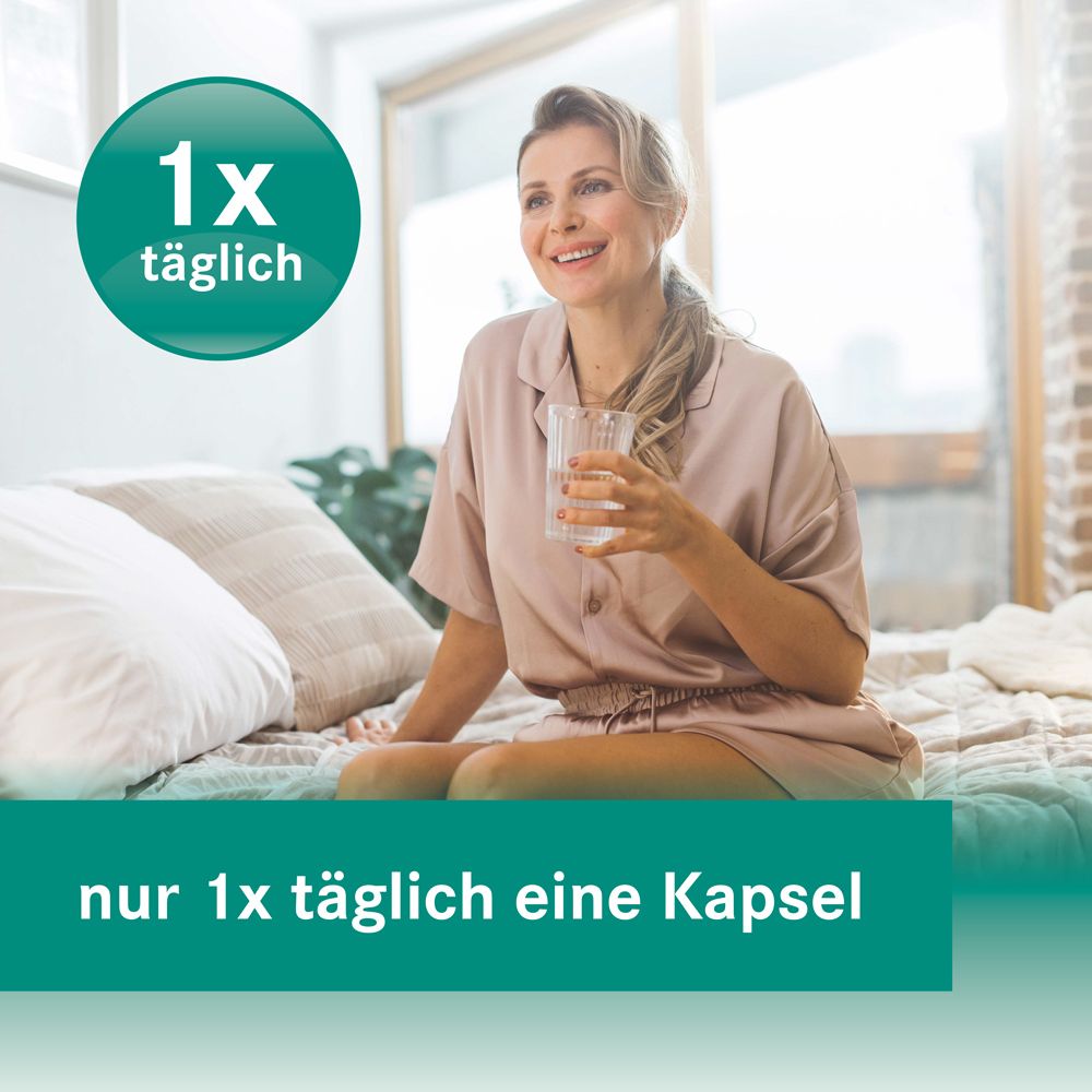 Frau im Bett. Text: nur 1x täglich eine Kapsel. 1x täglich Symbol.
