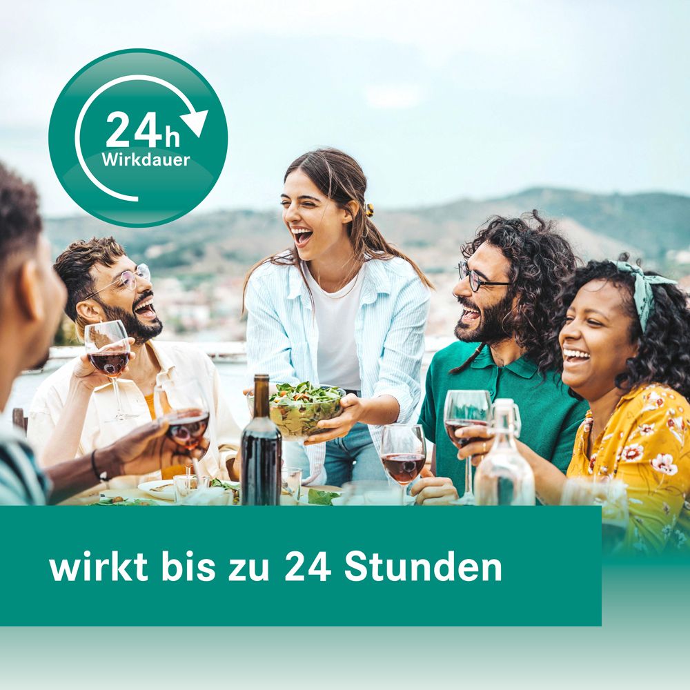 Gruppe isst im Freien. Text: wirkt bis zu 24 Stunden. Logo: 24h Wirkdauer.