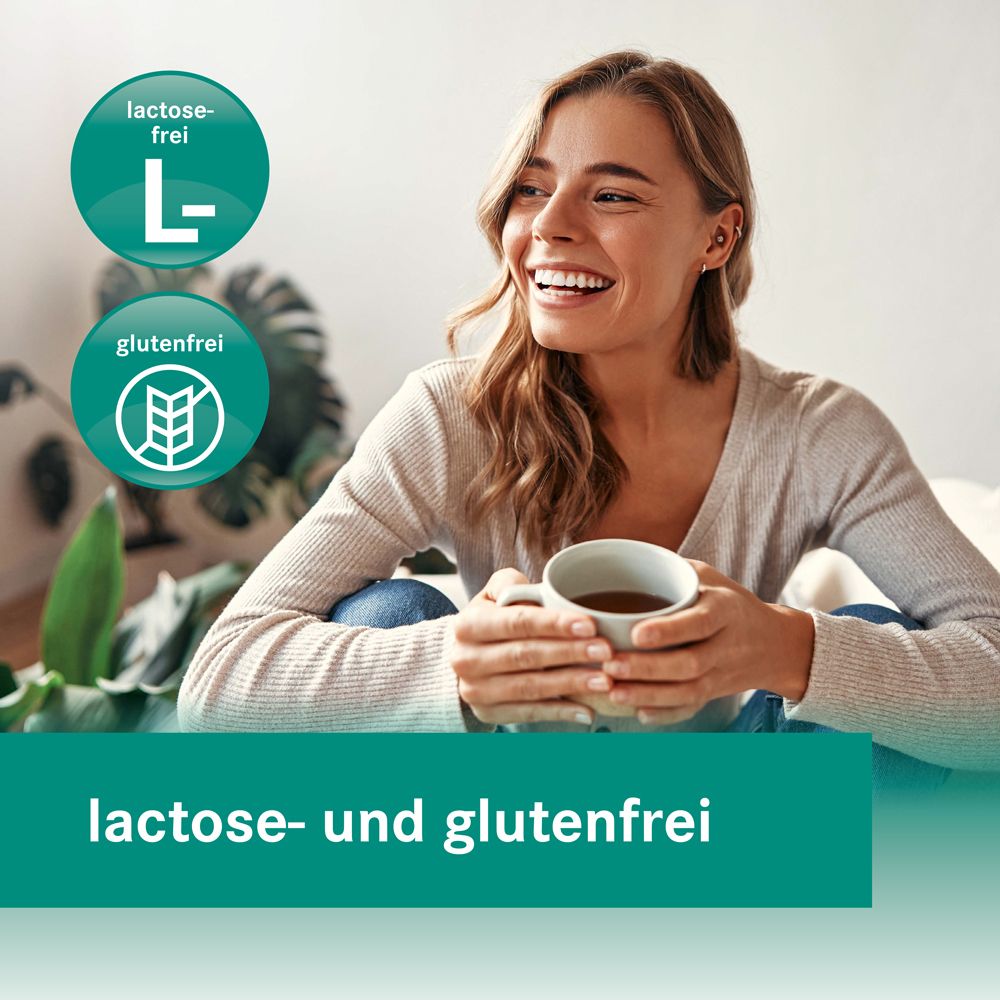 Frau mit Tasse. Text: lactose- und glutenfrei. Logos: lactosefrei, glutenfrei.