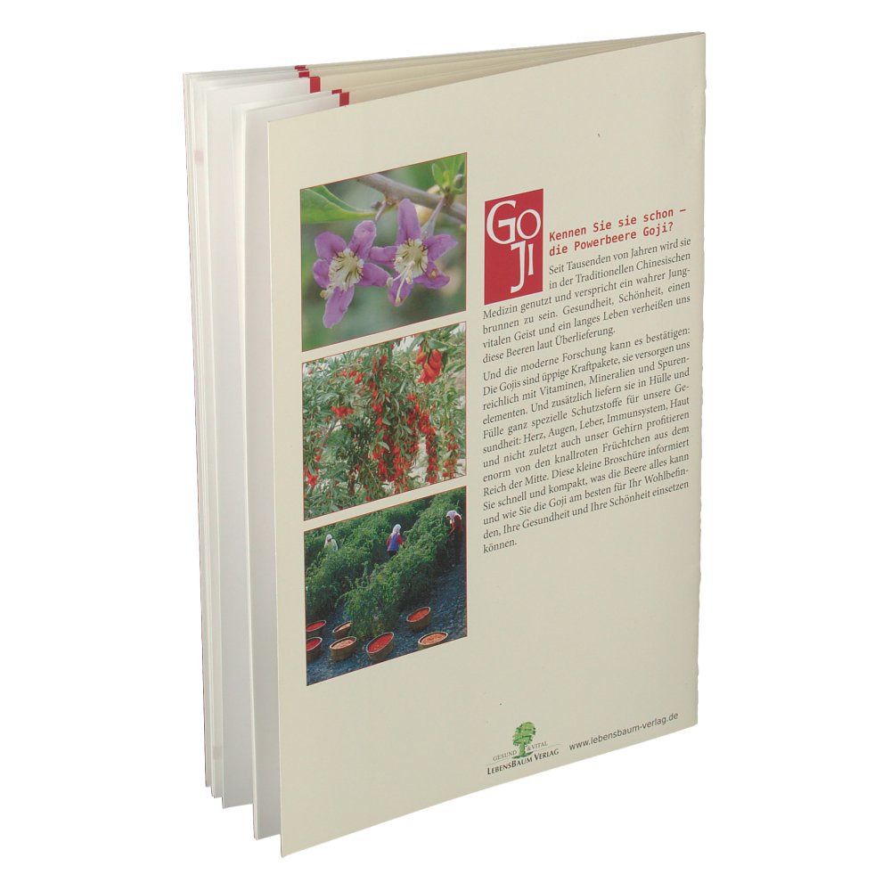 Buch, Rückseite. Text und Abbildungen von Goji-Beeren und Blüten. Logo: Goji. Autor: Liane Goldstein.