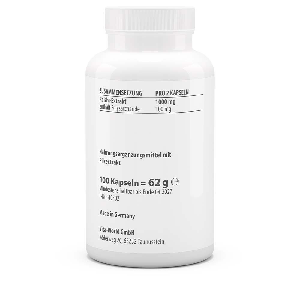 Rückseite der weißen Flasche. Reishi Extrakt. Inhaltsstoffe, Dosierung, Haltbarkeit bis 04.2027. Hergestellt in Deutschland.
