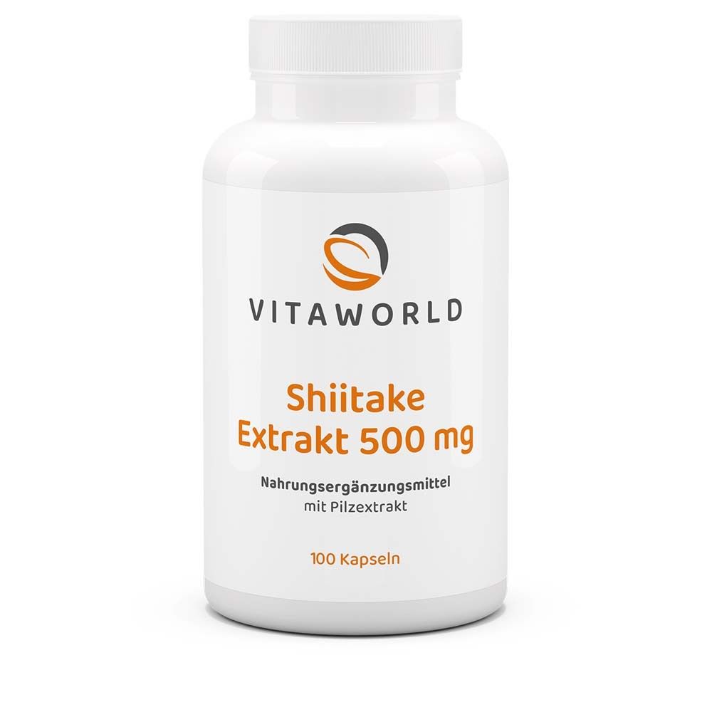 Weiße Flasche mit Kapseln. Aufschrift: VITAWORLD Shiitake Extrakt 500 mg. Nahrungsergänzungsmittel. 100 Kapseln.