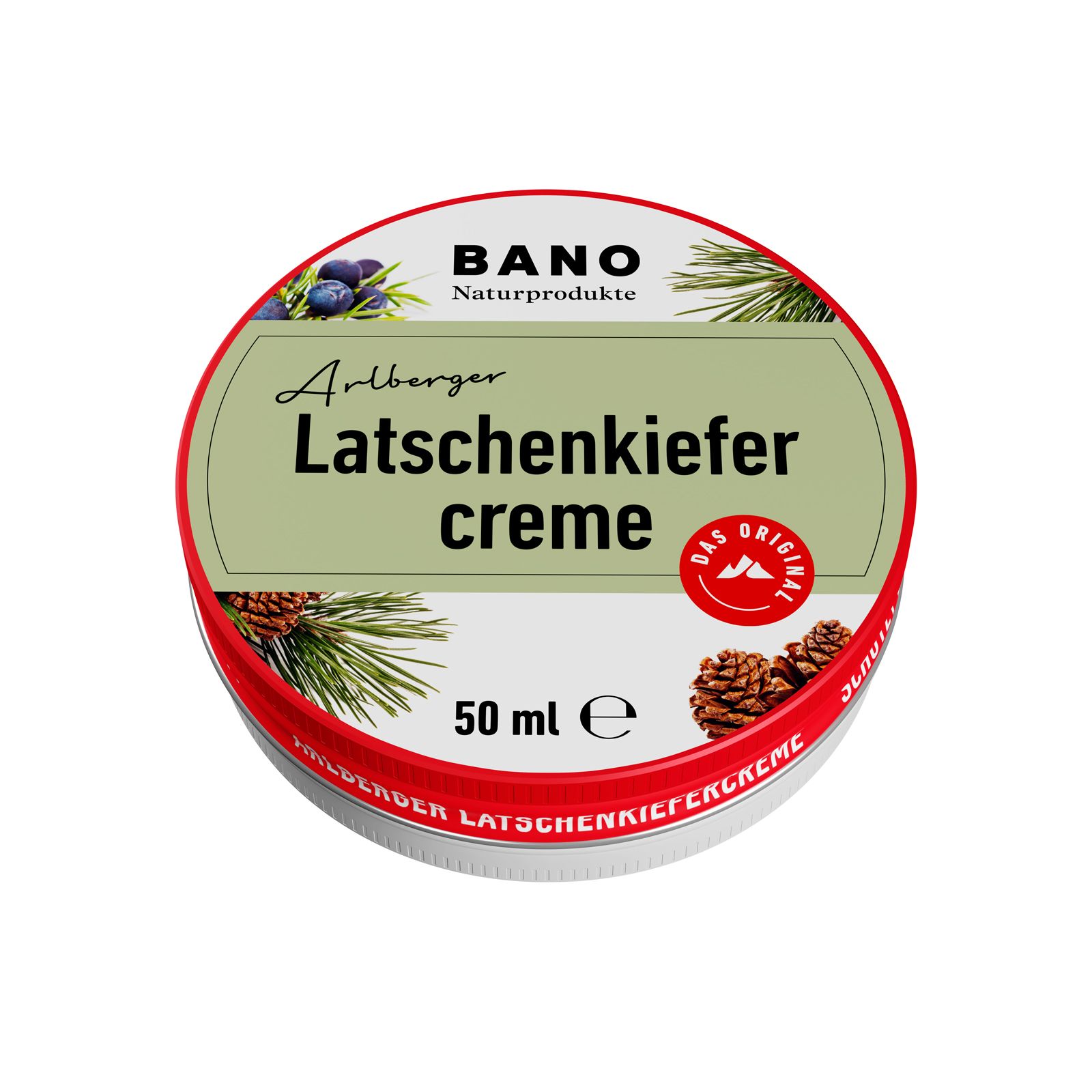 Runde Dose mit rotem Deckel. Aufschrift: Arlberger Latschenkiefercreme, 50 ml. BANO Naturprodukte.