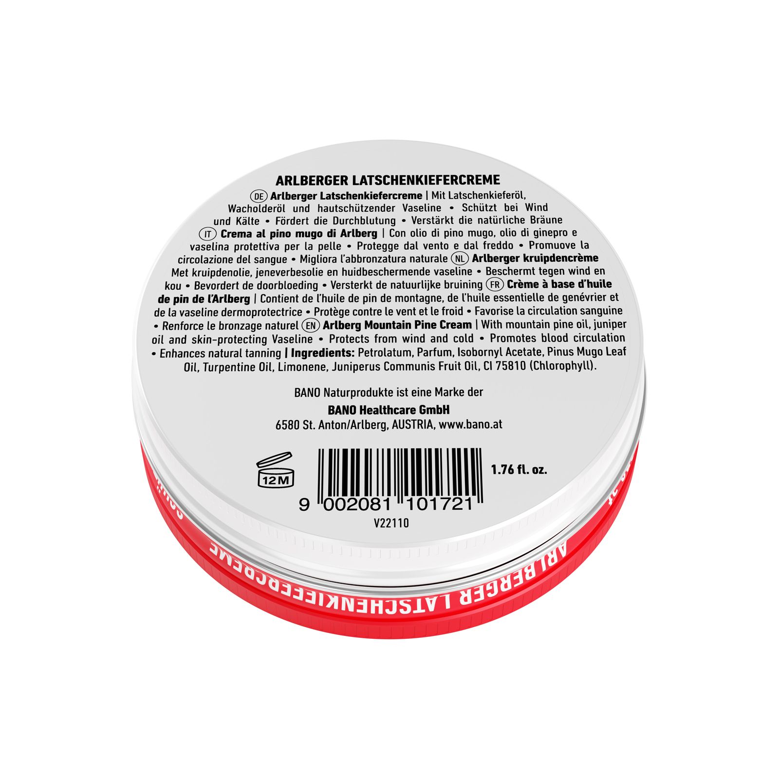 Runder, weißer Dosenboden mit Text. Aufschrift: Arlberger Latschenkiefercreme. BANO Healthcare, 12M-Symbol, Barcode.