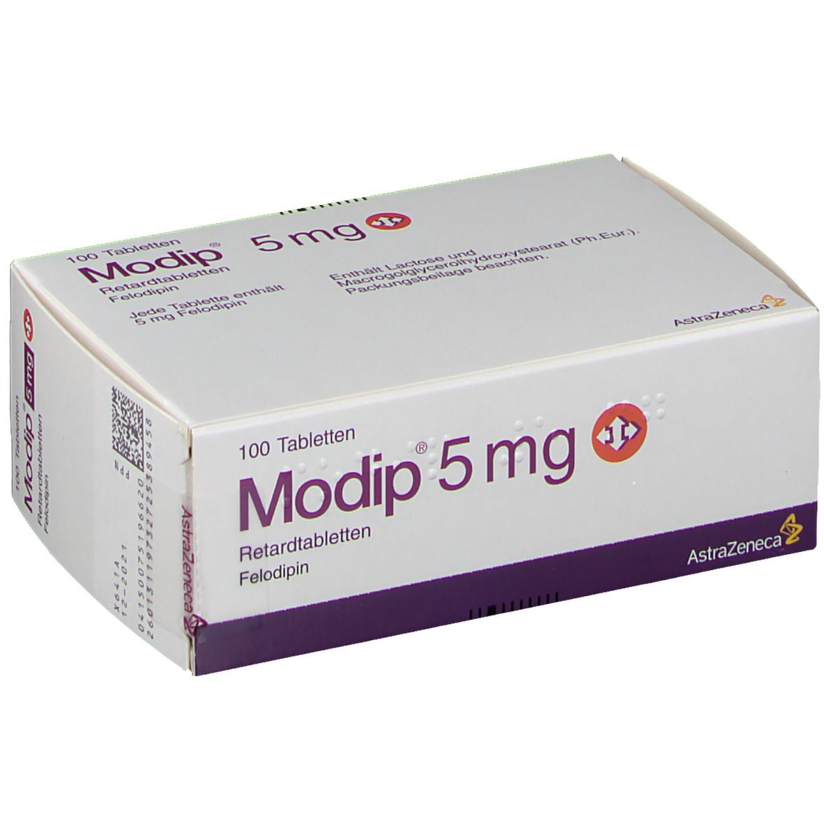 Modip 5 mg Packung. Enthält 100 Tabletten. Aufschrift: Retardtabletten, Felodipin. Hersteller: AstraZeneca.