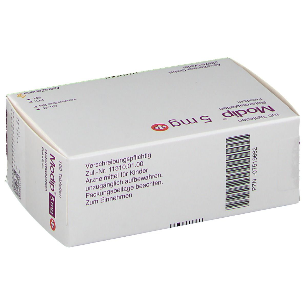 Modip 5 mg Packung. Enthält 100 Tabletten. Aufschrift: Retardtabletten, Felodipin. Hersteller: AstraZeneca.