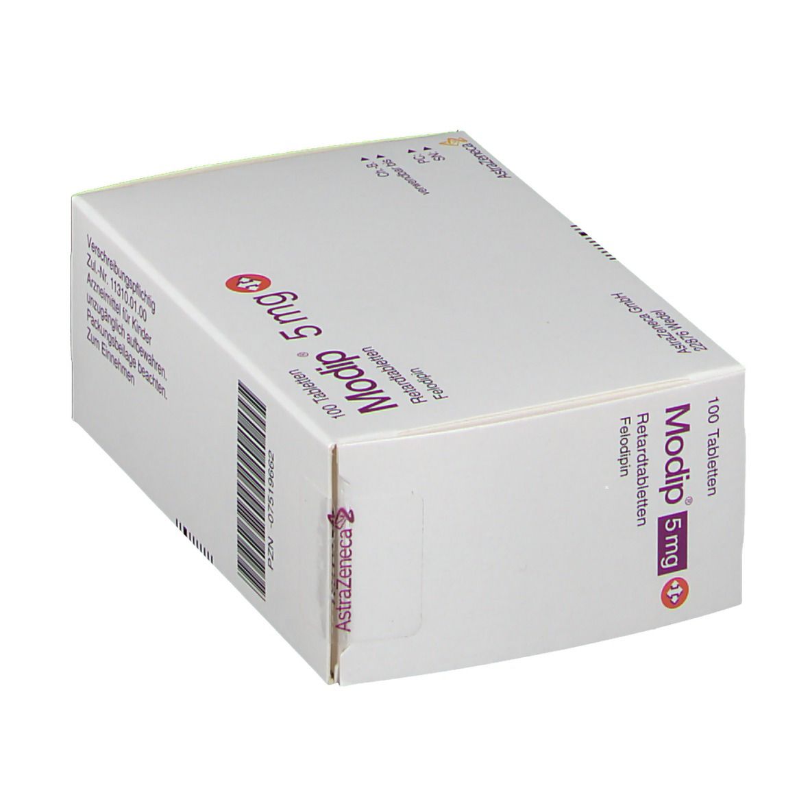 Modip 5 mg Packung. Enthält 100 Tabletten. Aufschrift: Retardtabletten, Felodipin. Hersteller: AstraZeneca.