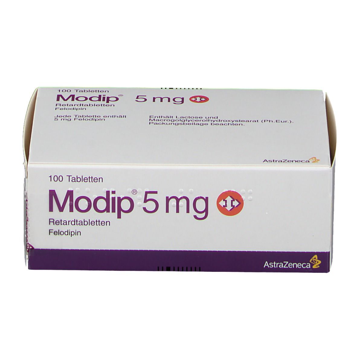 Modip 5 mg Packung. Enthält 100 Tabletten. Aufschrift: Retardtabletten, Felodipin. Hersteller: AstraZeneca.