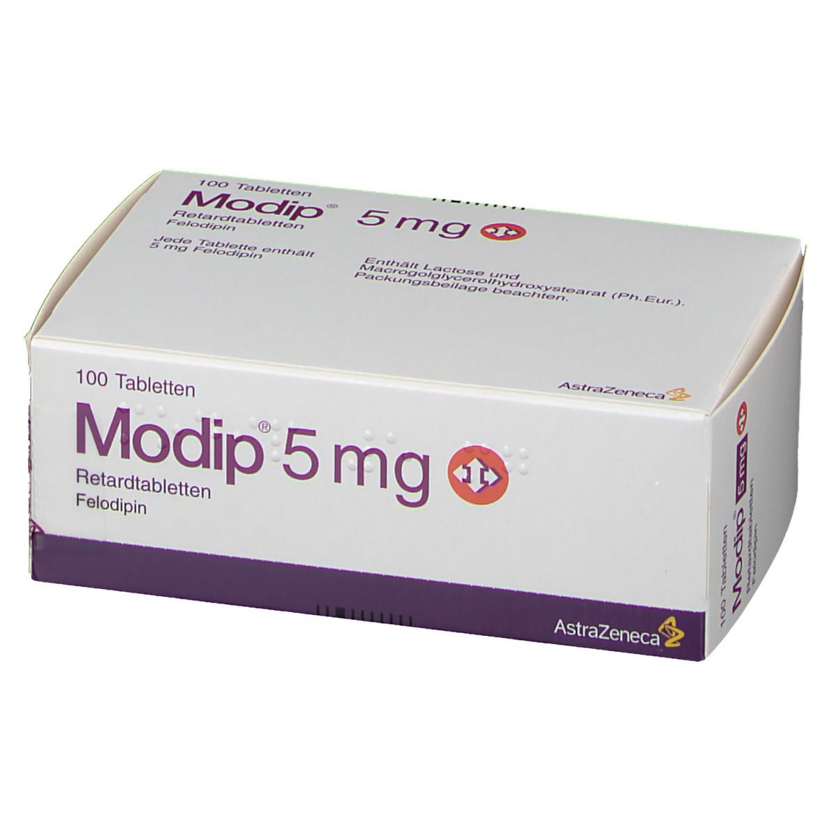 Modip 5 mg Packung. Enthält 100 Tabletten. Aufschrift: Retardtabletten, Felodipin. Hersteller: AstraZeneca.