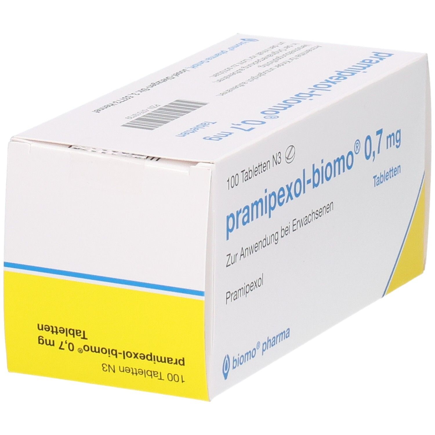 Packung Pramipexol-biomo® 0,7 mg Tabletten, 100 Stück. Mit gelbem und blauem Streifen.
