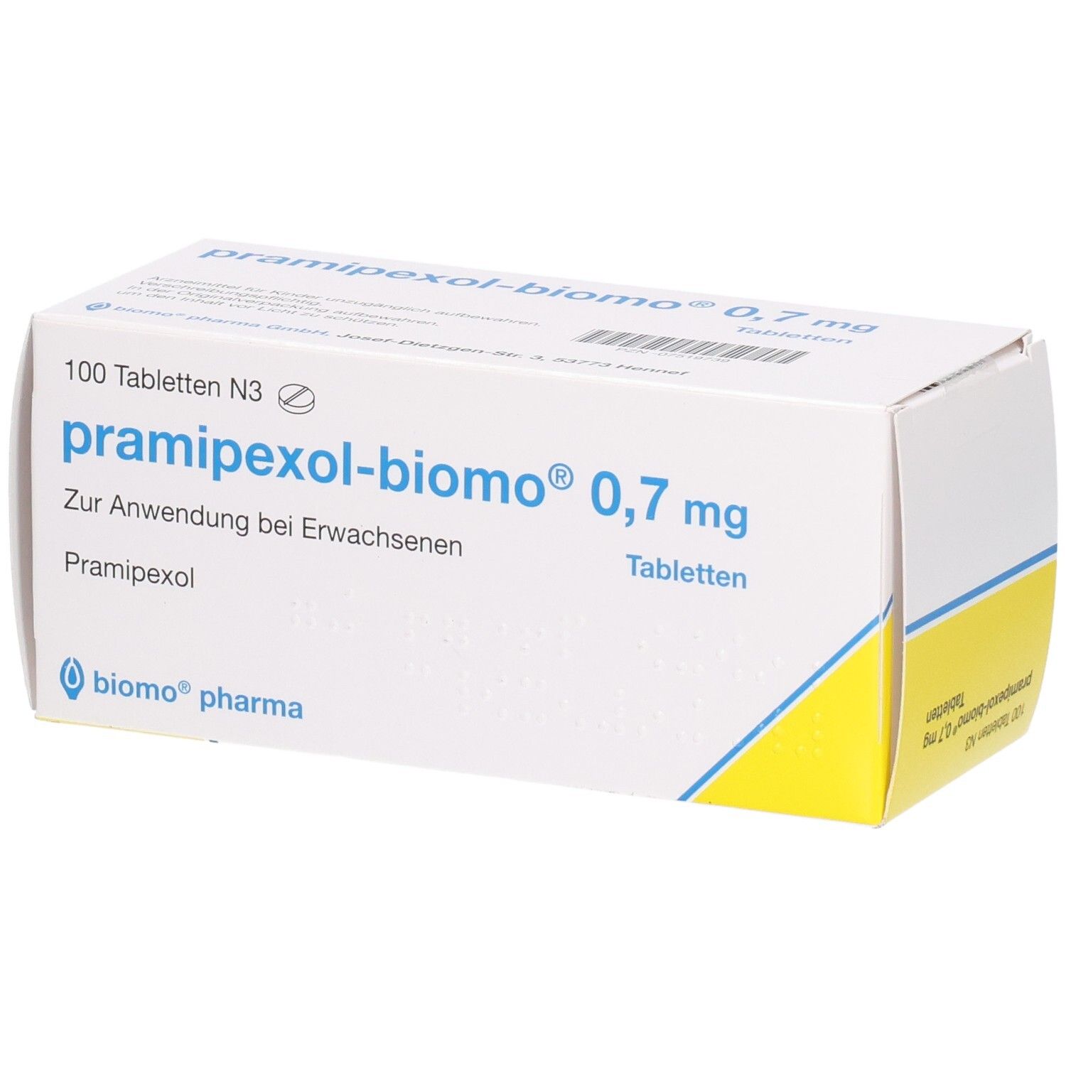 Packung Pramipexol-biomo® 0,7 mg Tabletten, 100 Stück. Vorderseite mit blauem und gelbem Streifen.
