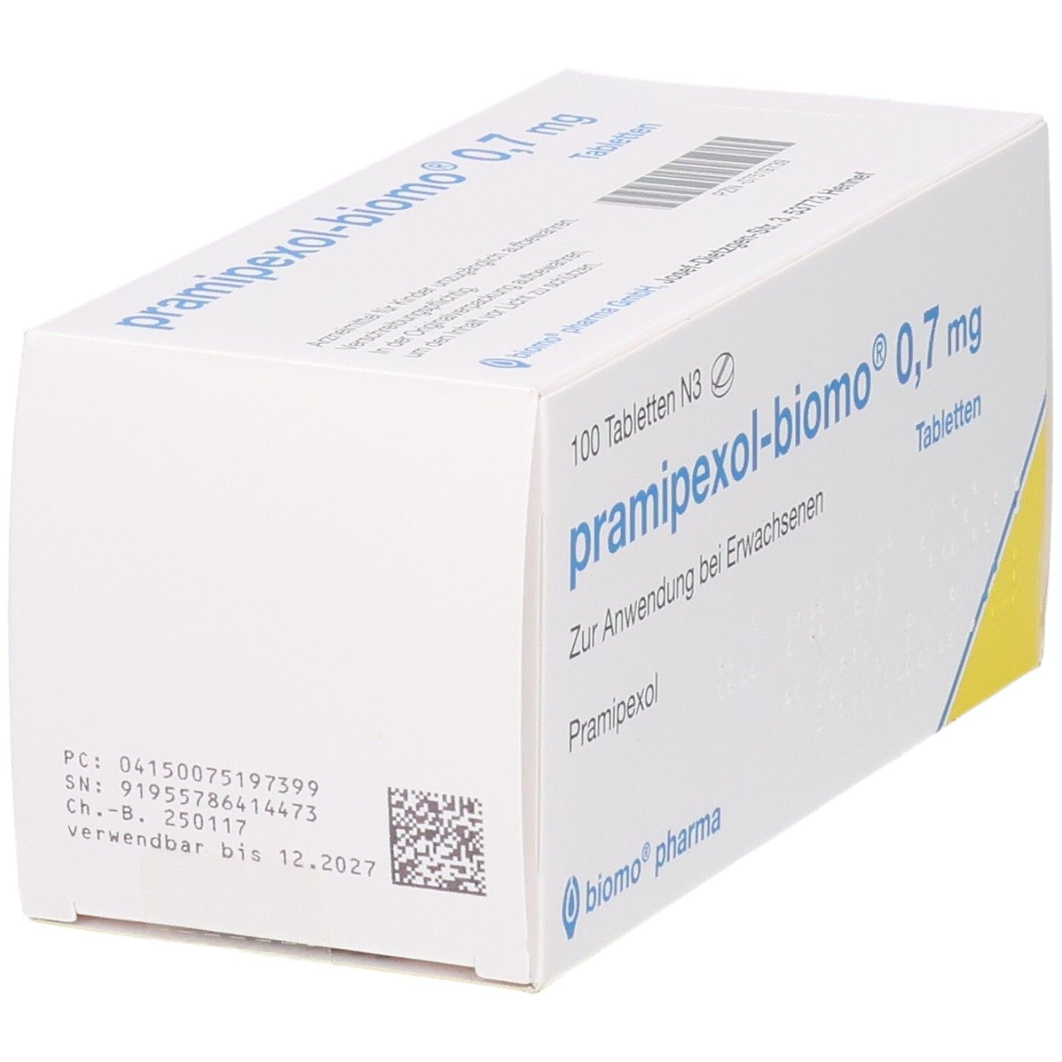 Packung Pramipexol-biomo® 0,7 mg Tabletten, 100 Stück. Mit Chargennummer und Verfallsdatum.