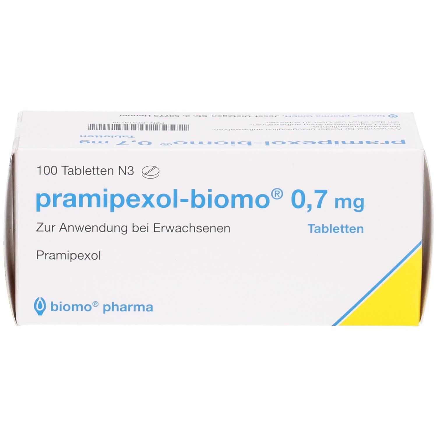 Packung Pramipexol-biomo® 0,7 mg Tabletten, 100 Stück. Mit Logo und blauen Linien.