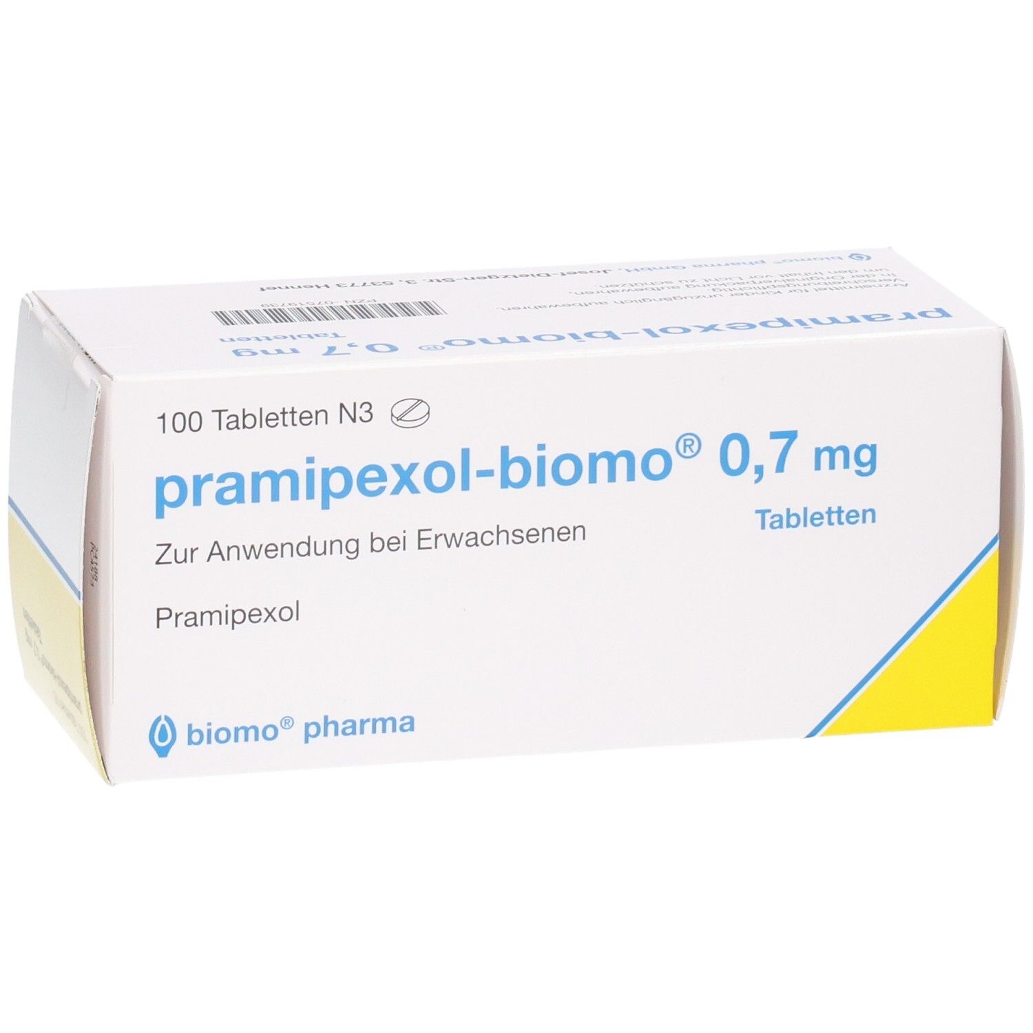 Packung Pramipexol-biomo® 0,7 mg Tabletten, 100 Stück. Aus leicht schrägem Blickwinkel.