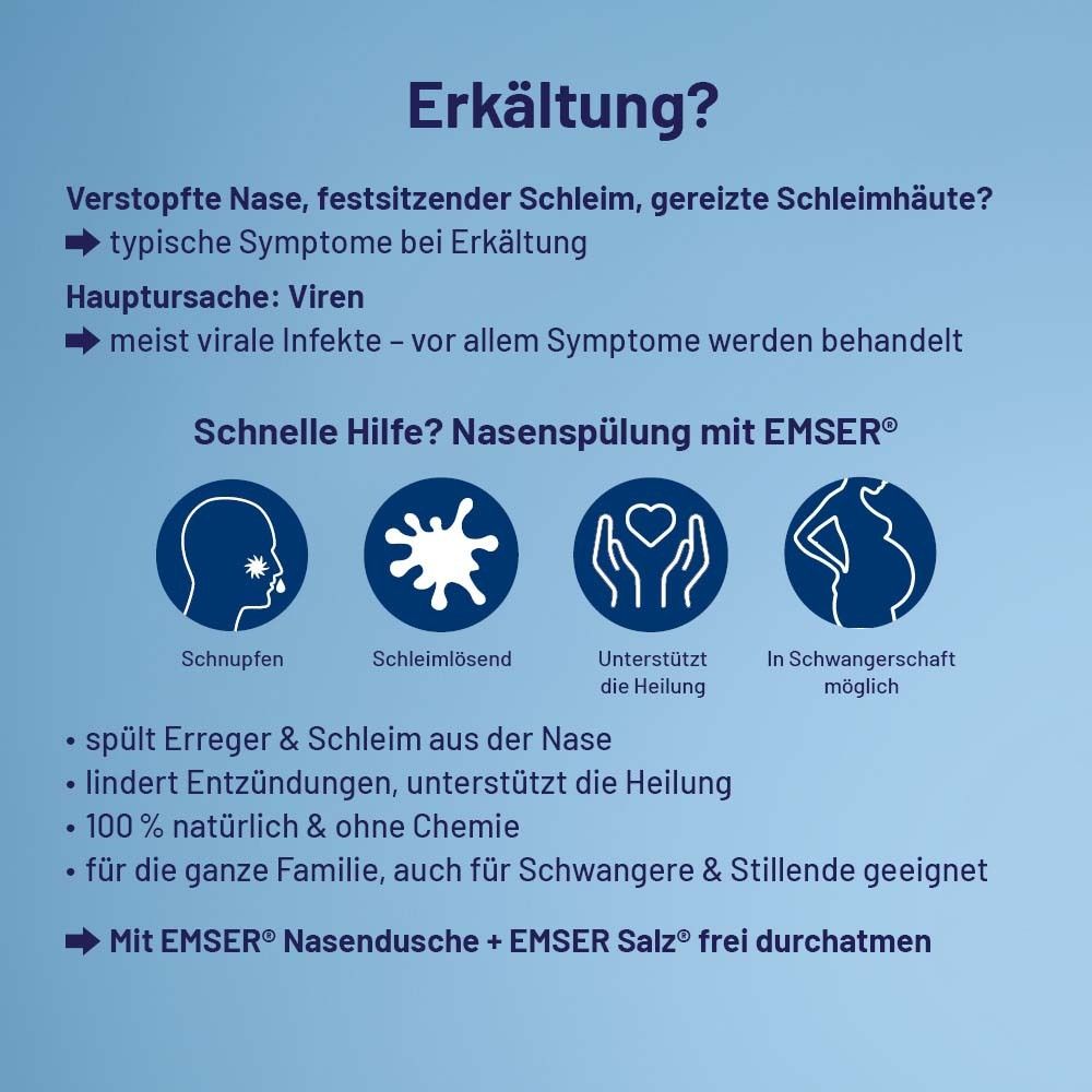 Text: Erkältung? Symptome: Schnupfen, Schleimlösend, Unterstützt die Heilung, In Schwangerschaft möglich.