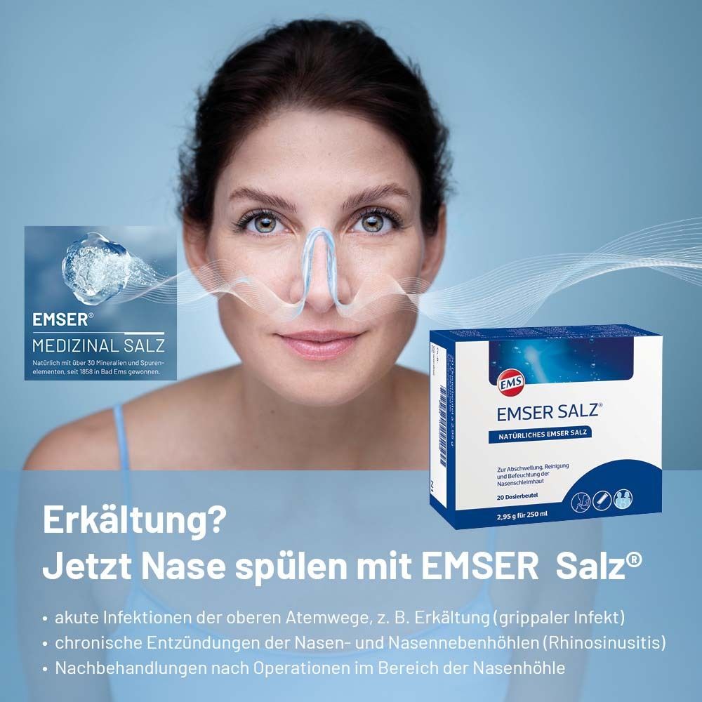 Frau mit Nasenspülsystem. Produktverpackung im Hintergrund. Text: Emser Salz, jetzt Nase spülen bei Erkältung.