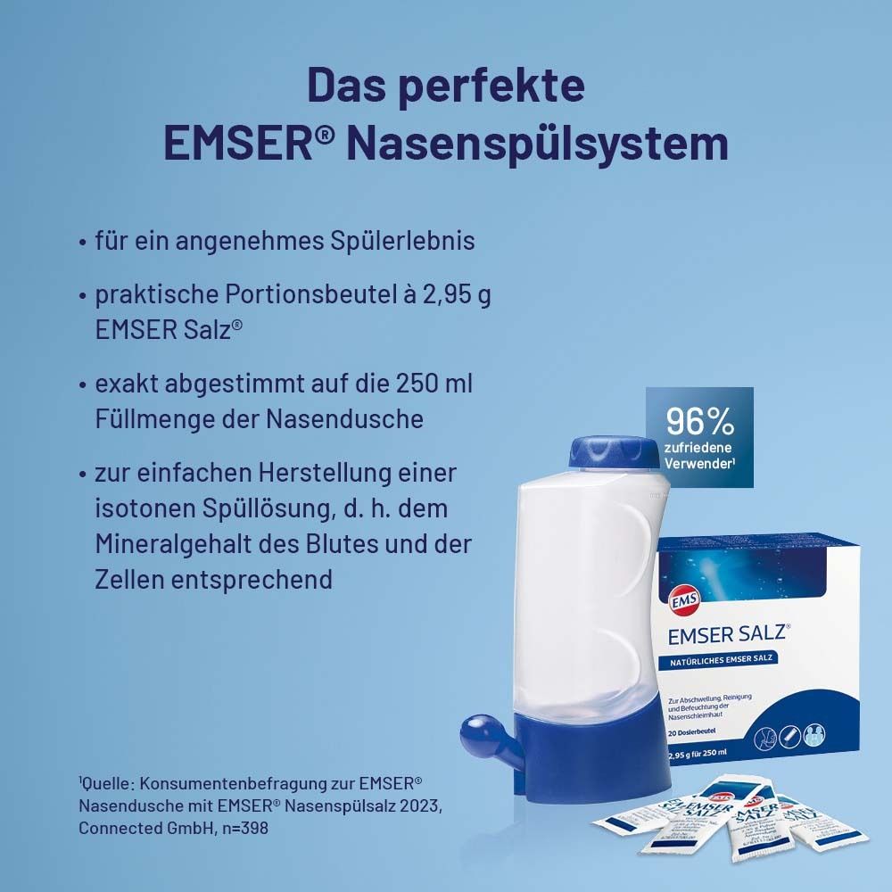 Text: Das perfekte Emser Nasenspülsystem. Produktverpackung, Nasendusche und Beutel. 96% zufriedene Verwender.