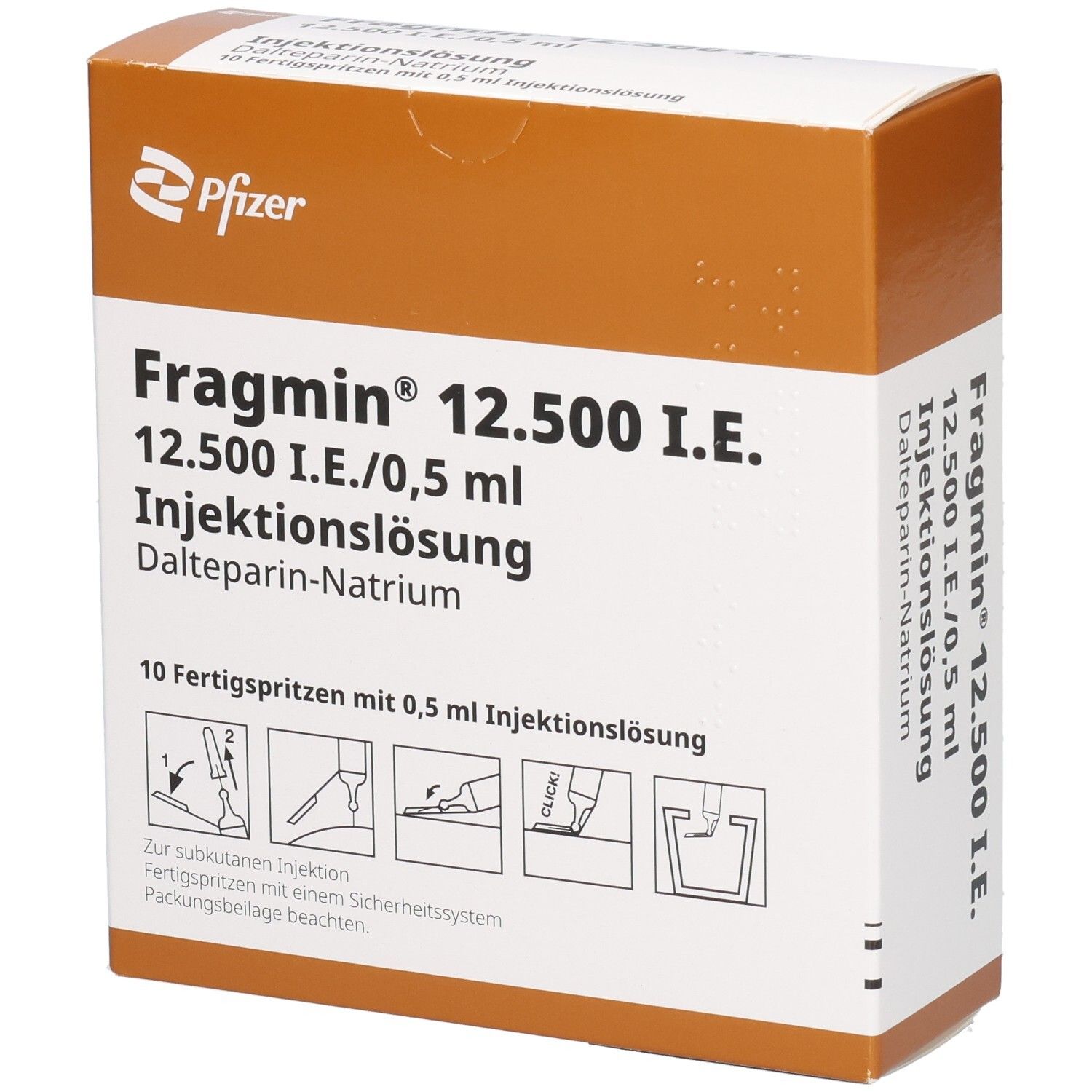 Fragmin 12.500 I.E. Injektionslösung: Karton mit 10 Fertigspritzen, 0,5 ml. Pfizer.