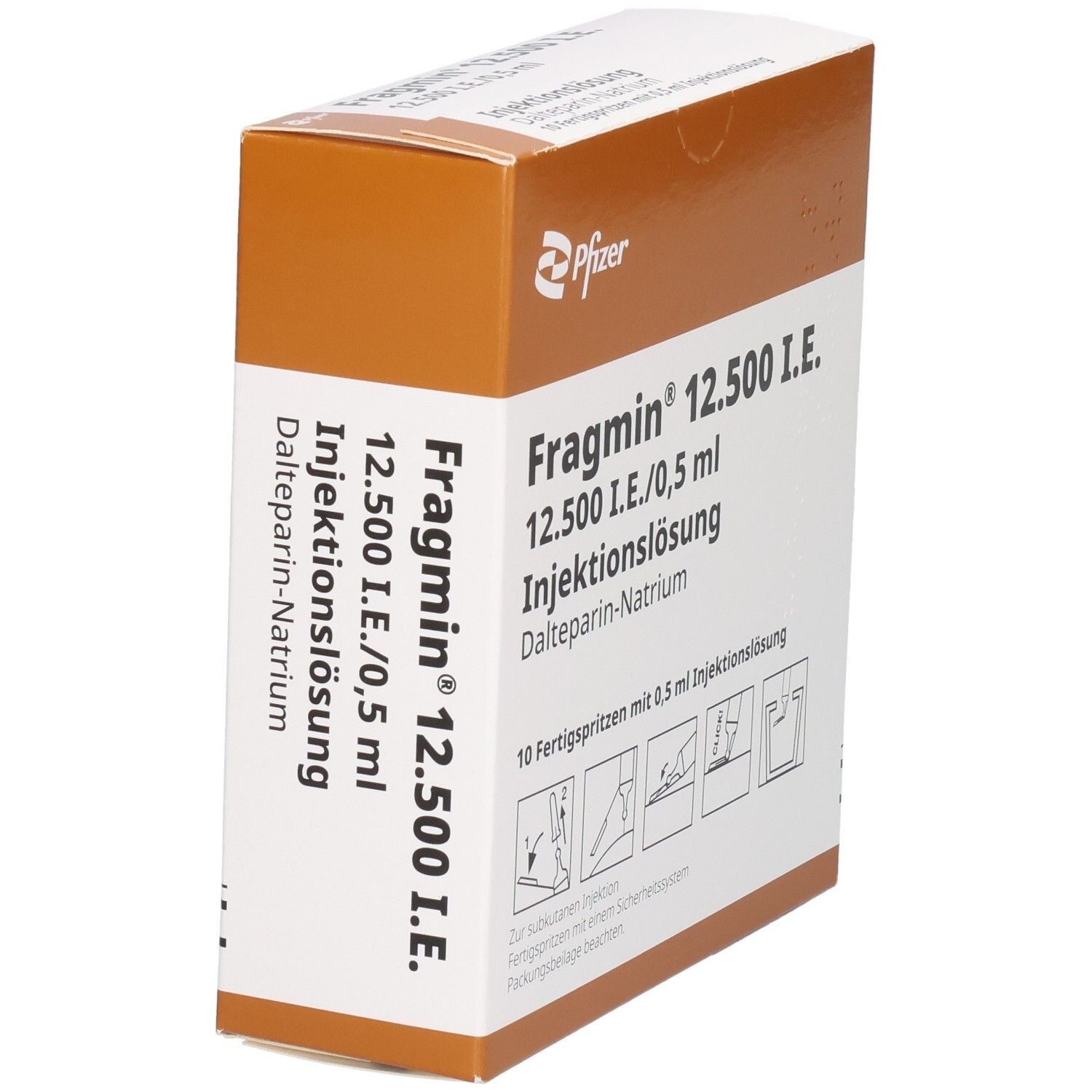 Fragmin 12.500 I.E. Injektionslösung: Karton mit 10 Fertigspritzen, 0,5 ml. Pfizer.