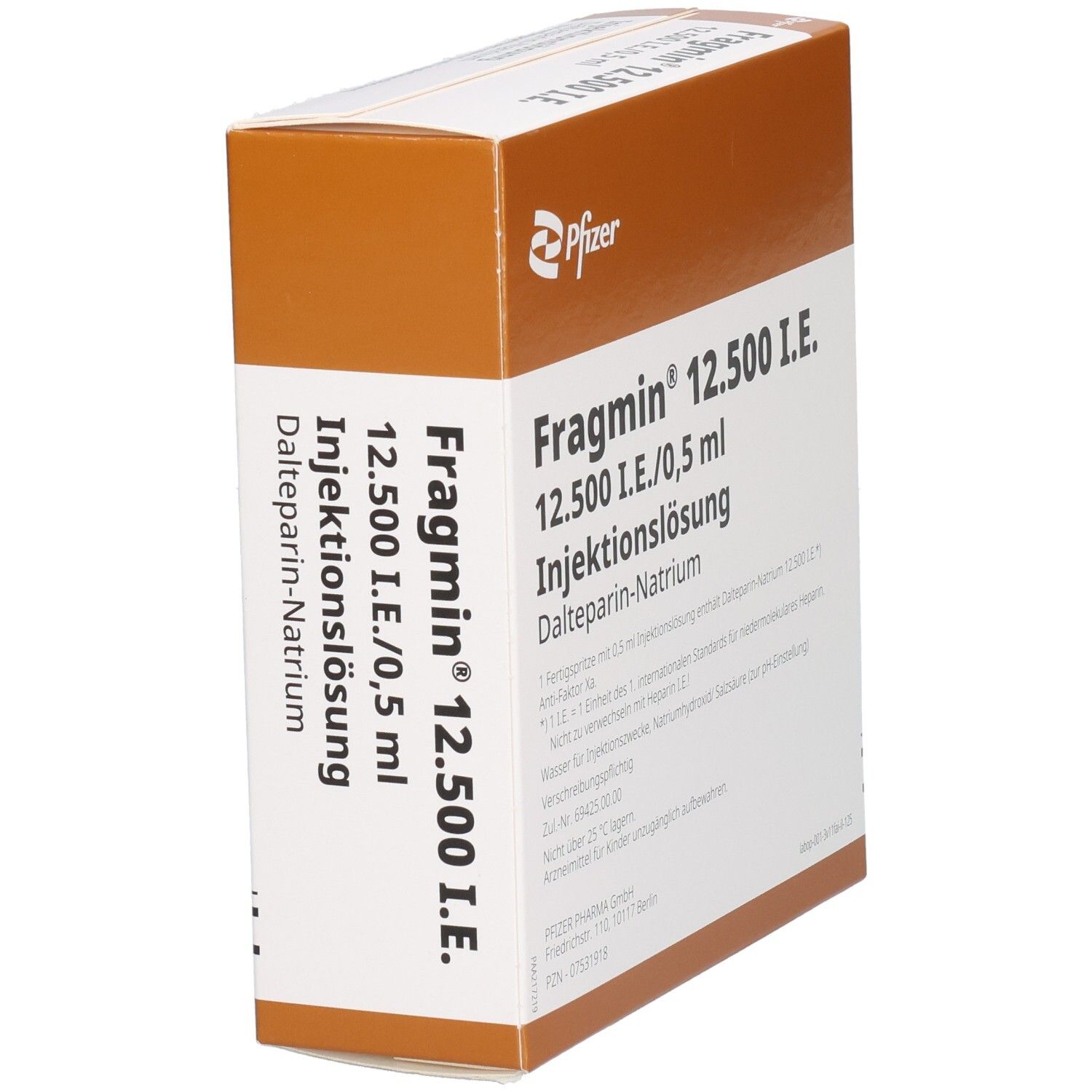 Fragmin 12.500 I.E. Injektionslösung: Karton mit 10 Fertigspritzen, 0,5 ml. Pfizer.