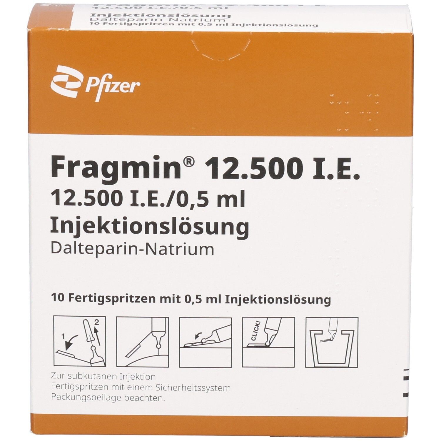 Fragmin 12.500 I.E. Injektionslösung: Karton mit 10 Fertigspritzen, 0,5 ml. Pfizer. Mit Sicherheitssystem.