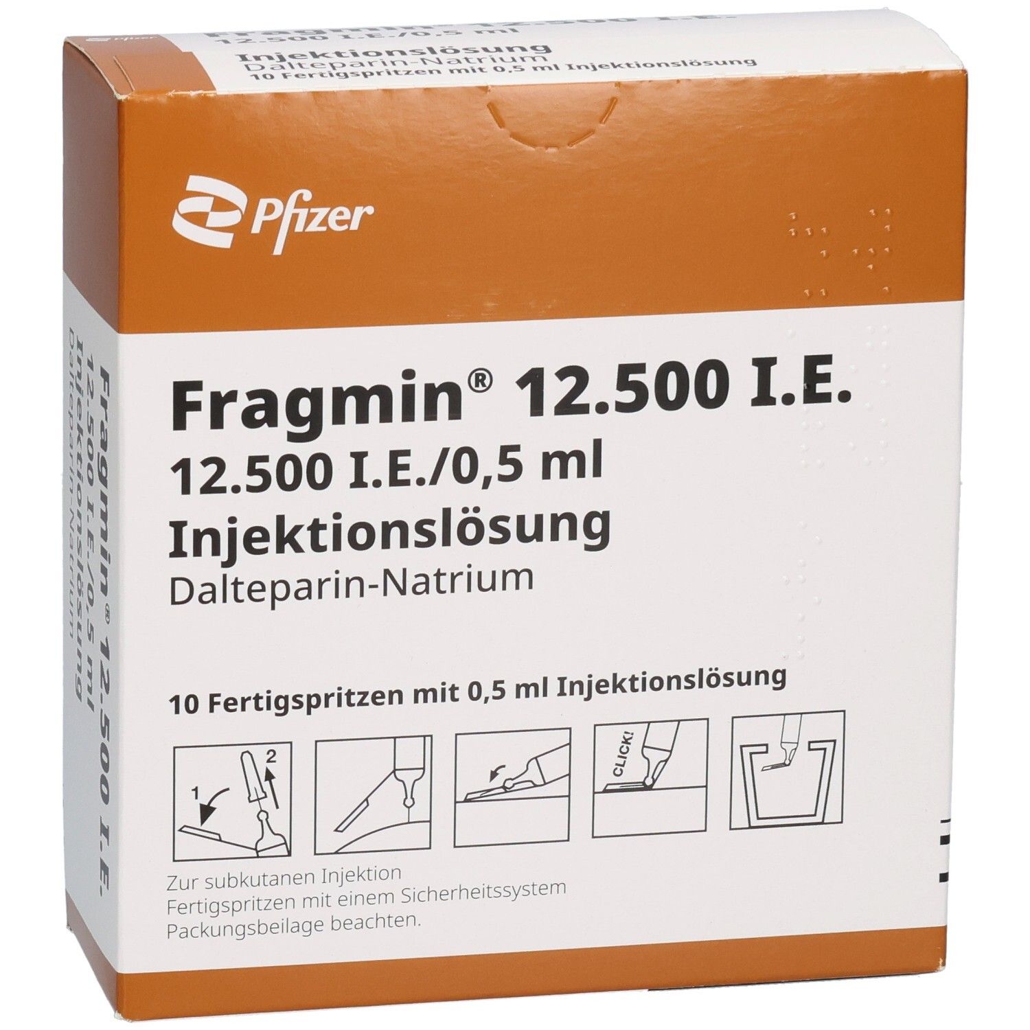 Fragmin 12.500 I.E. Injektionslösung: Karton mit 10 Fertigspritzen, 0,5 ml. Pfizer. Mit Sicherheitssystem.
