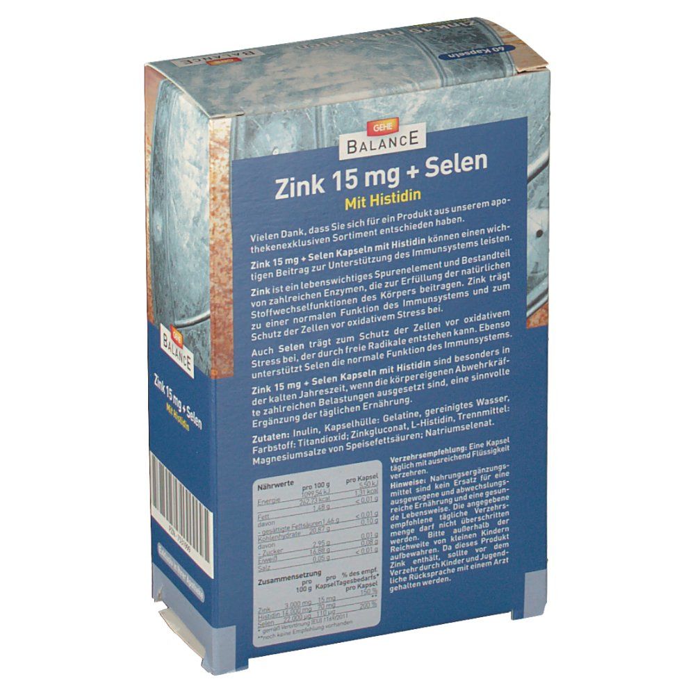 Rückseite der "GEHE BALANCE Zink 15 mg + Selen" Verpackung. Text in deutscher Sprache. Inhaltsstoffe und Nährwertangaben.
