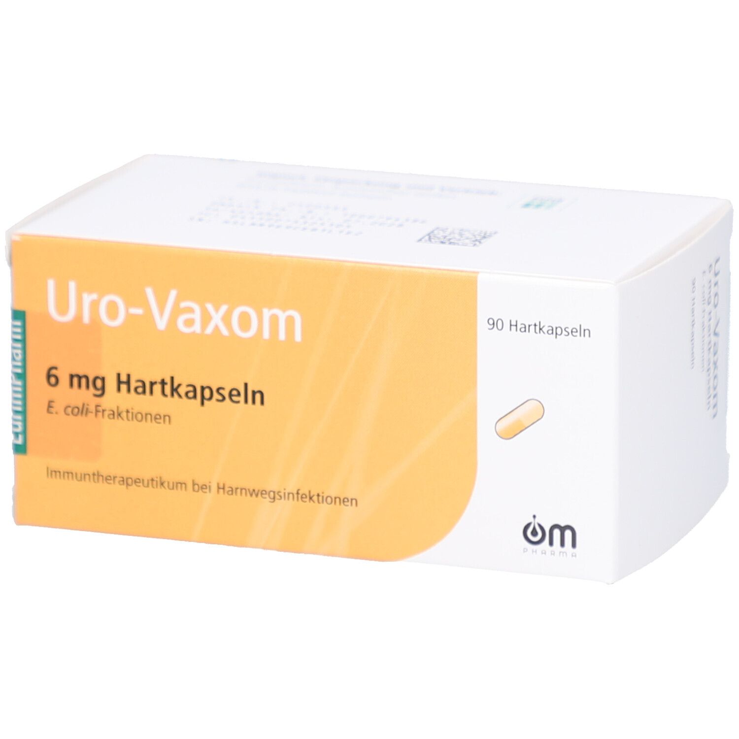 Weiße Schachtel mit gelbem Etikett. Aufschrift: Uro-Vaxom 6 mg Hartkapseln. Enthält 90 Hartkapseln. E. coli-Fraktionen.
