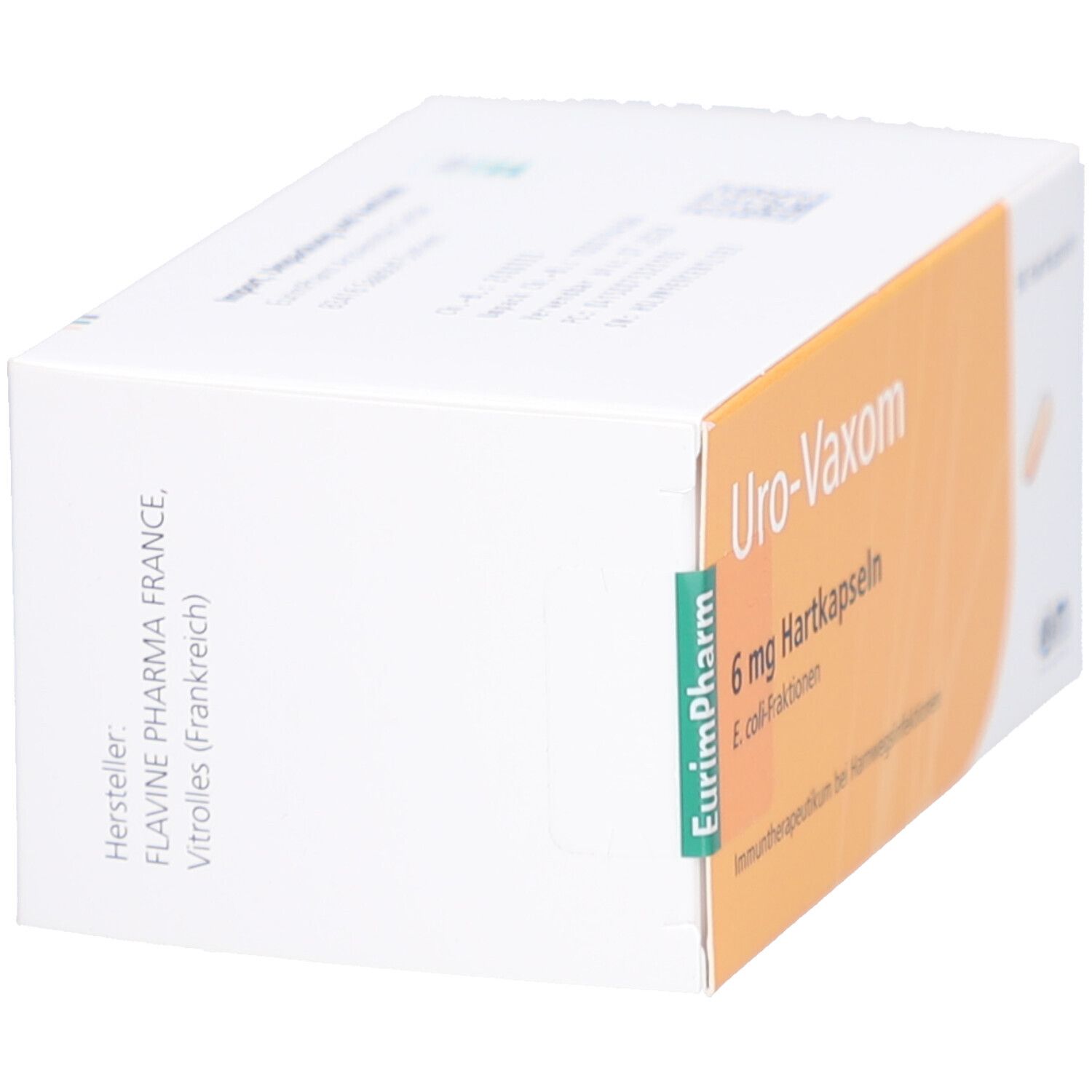 Weiße Schachtel mit gelbem Etikett. Aufschrift: Uro-Vaxom 6 mg Hartkapseln. Hersteller: Flavine Pharma France.