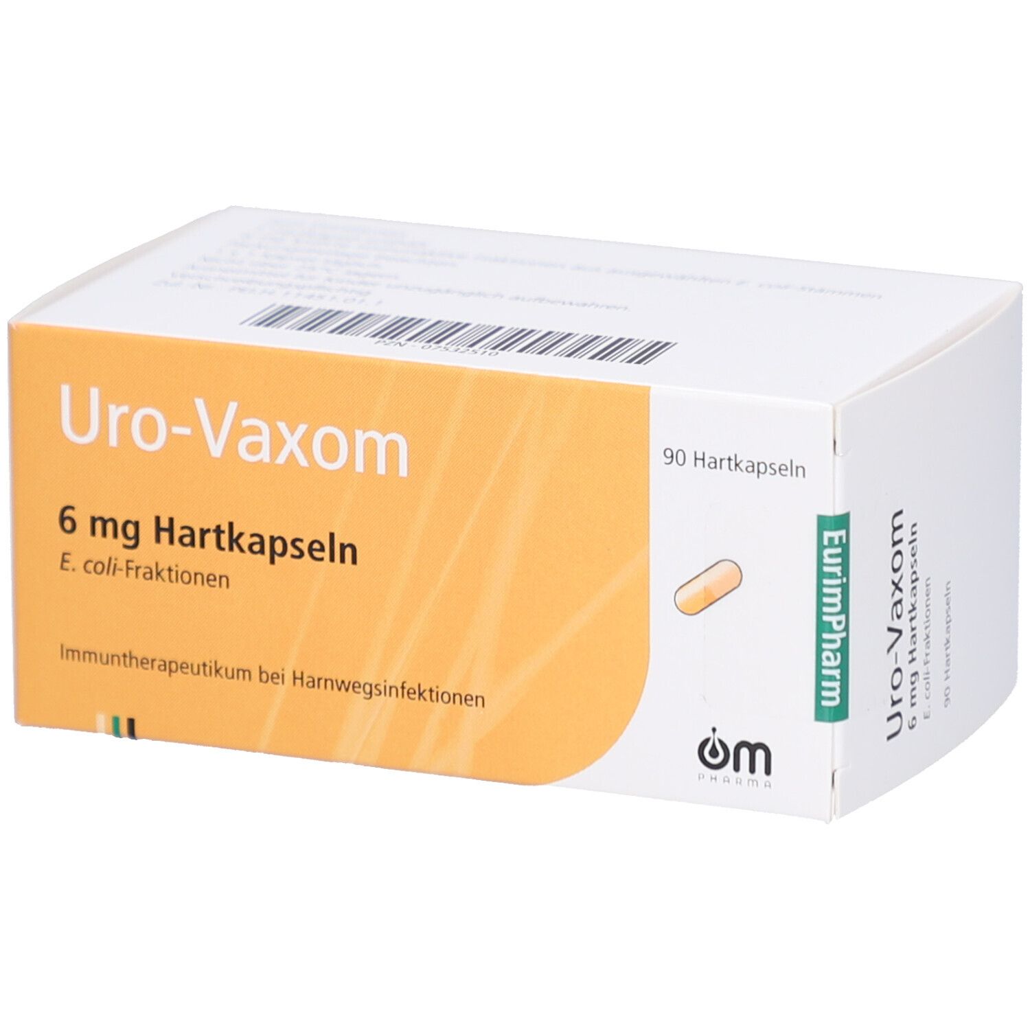 Weiße Schachtel mit gelbem Etikett. Aufschrift: Uro-Vaxom 6 mg Hartkapseln. Enthält 90 Hartkapseln. E. coli-Fraktionen.