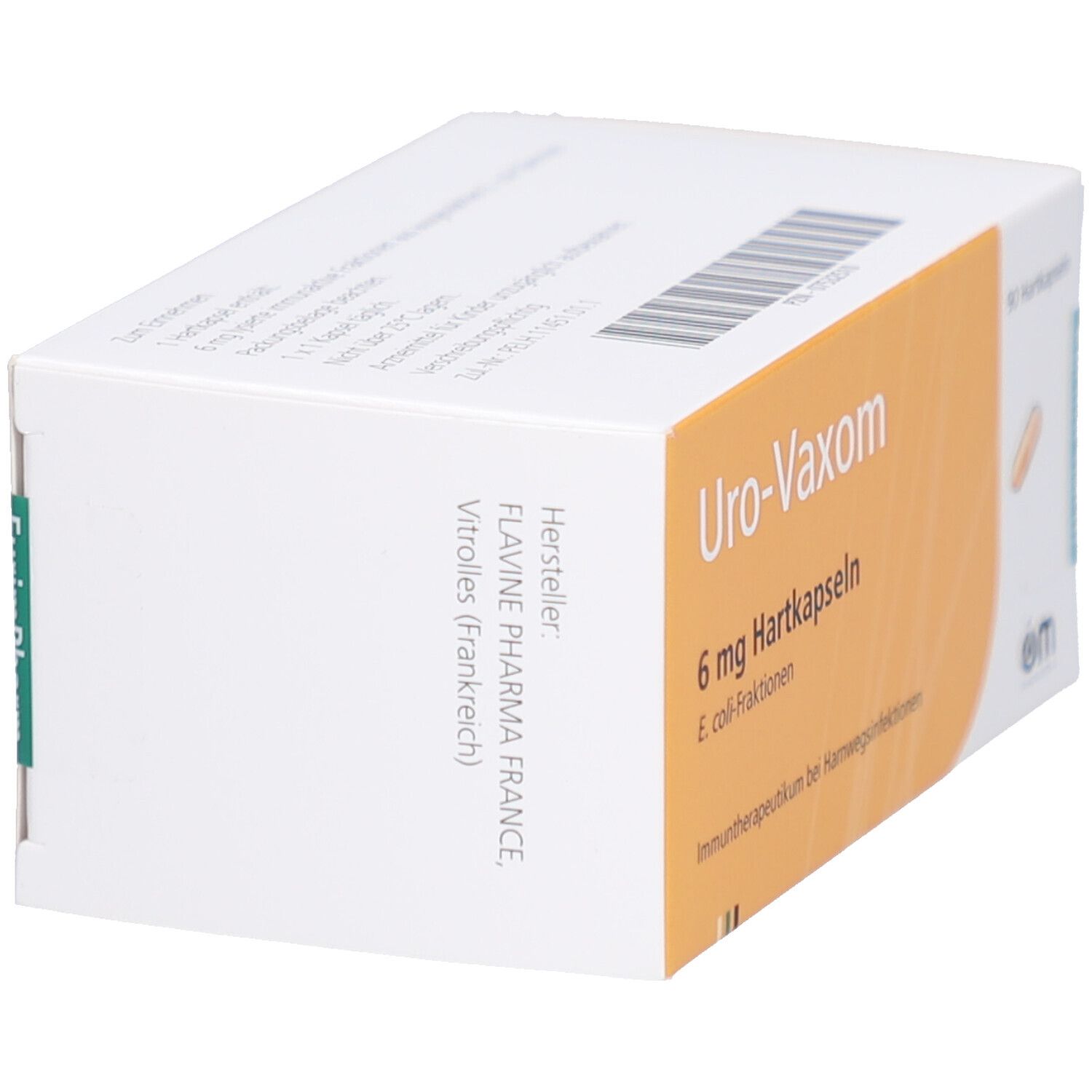 Weiße Schachtel mit gelbem Etikett. Aufschrift: Uro-Vaxom 6 mg Hartkapseln. Hersteller: Flavine Pharma France.