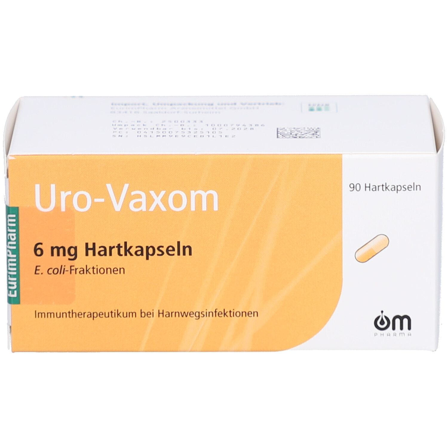 Weiße Schachtel mit gelbem Etikett. Aufschrift: Uro-Vaxom 6 mg Hartkapseln. Enthält 90 Hartkapseln. E. coli-Fraktionen.