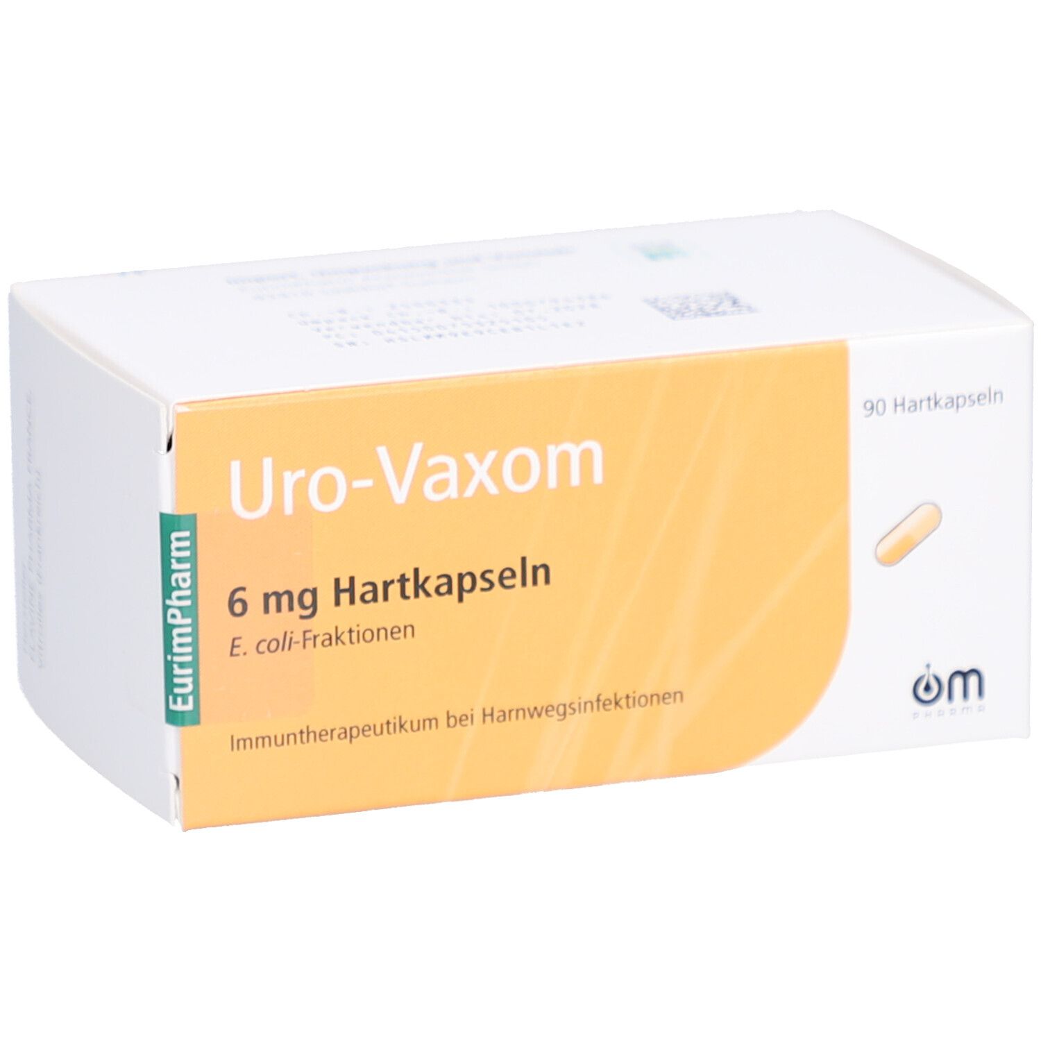 Weiße Schachtel mit gelbem Etikett. Aufschrift: Uro-Vaxom 6 mg Hartkapseln. Enthält 90 Hartkapseln. E. coli-Fraktionen.