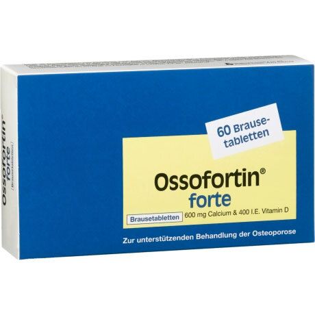 Blau-weiße Schachtel mit gelbem Feld. Aufschrift: Ossofortin forte, 60 Brausetabletten, 600mg Calcium & 400 I.E. Vitamin D.