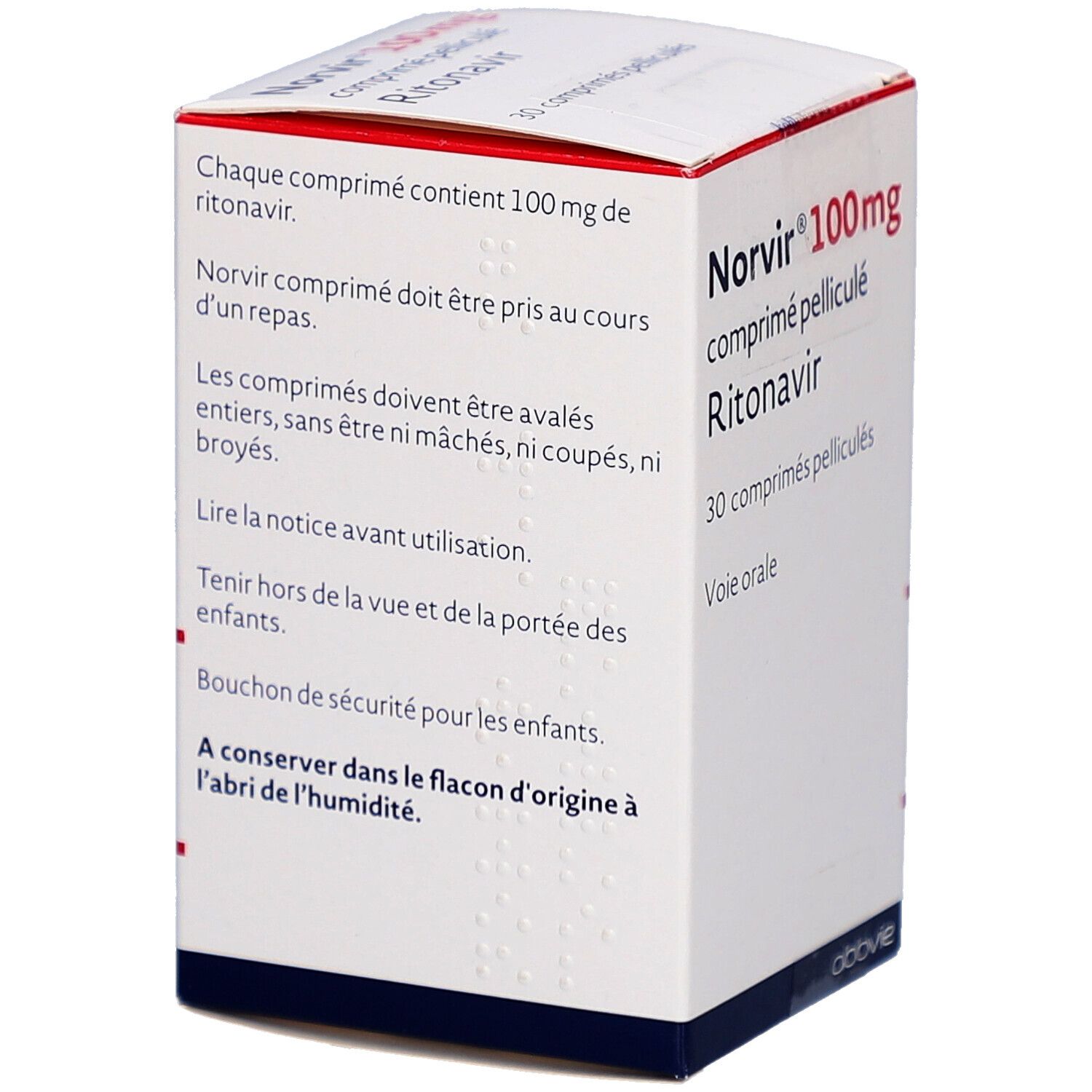 Weiße Faltschachtel mit Text. Enthält Informationen zu Norvir 100 mg, comprimé pelliculé, Ritonavir. AbbVie Logo.
