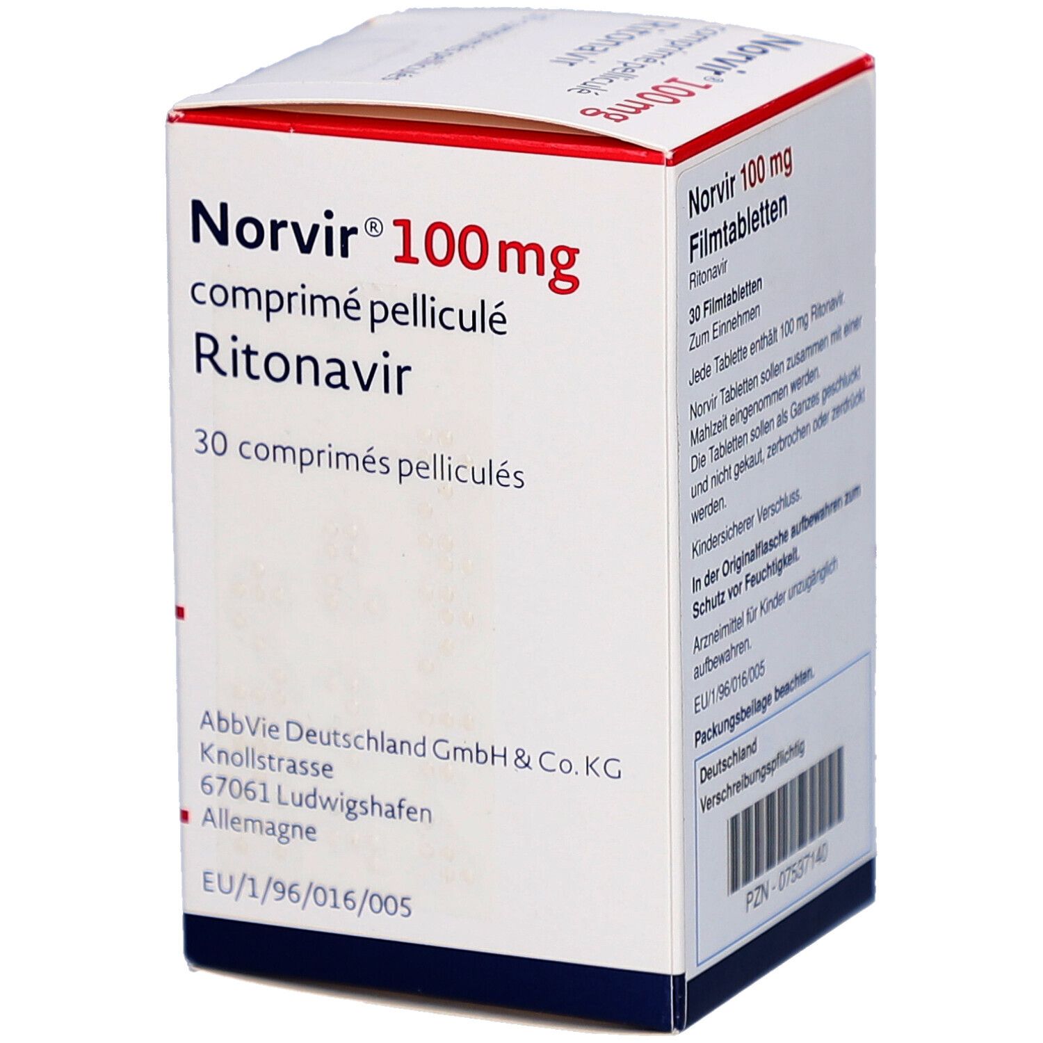 Weiße Faltschachtel mit roter Schrift: Norvir 100 mg Filmtabletten, Ritonavir. 30 Tabletten. AbbVie Logo.