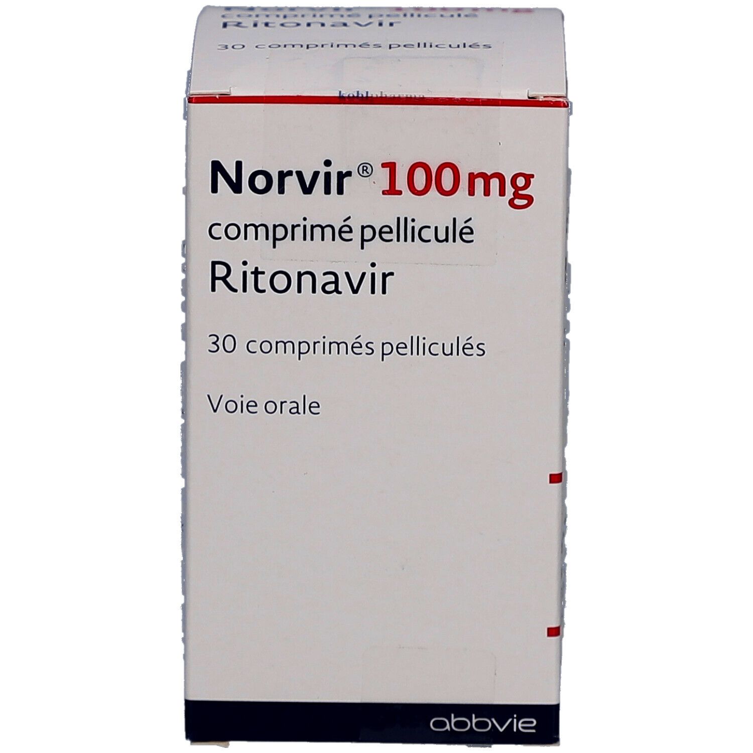 Weiße Faltschachtel mit roter Schrift: Norvir 100 mg, comprimé pelliculé, Ritonavir. 30 Tabletten. AbbVie Logo.